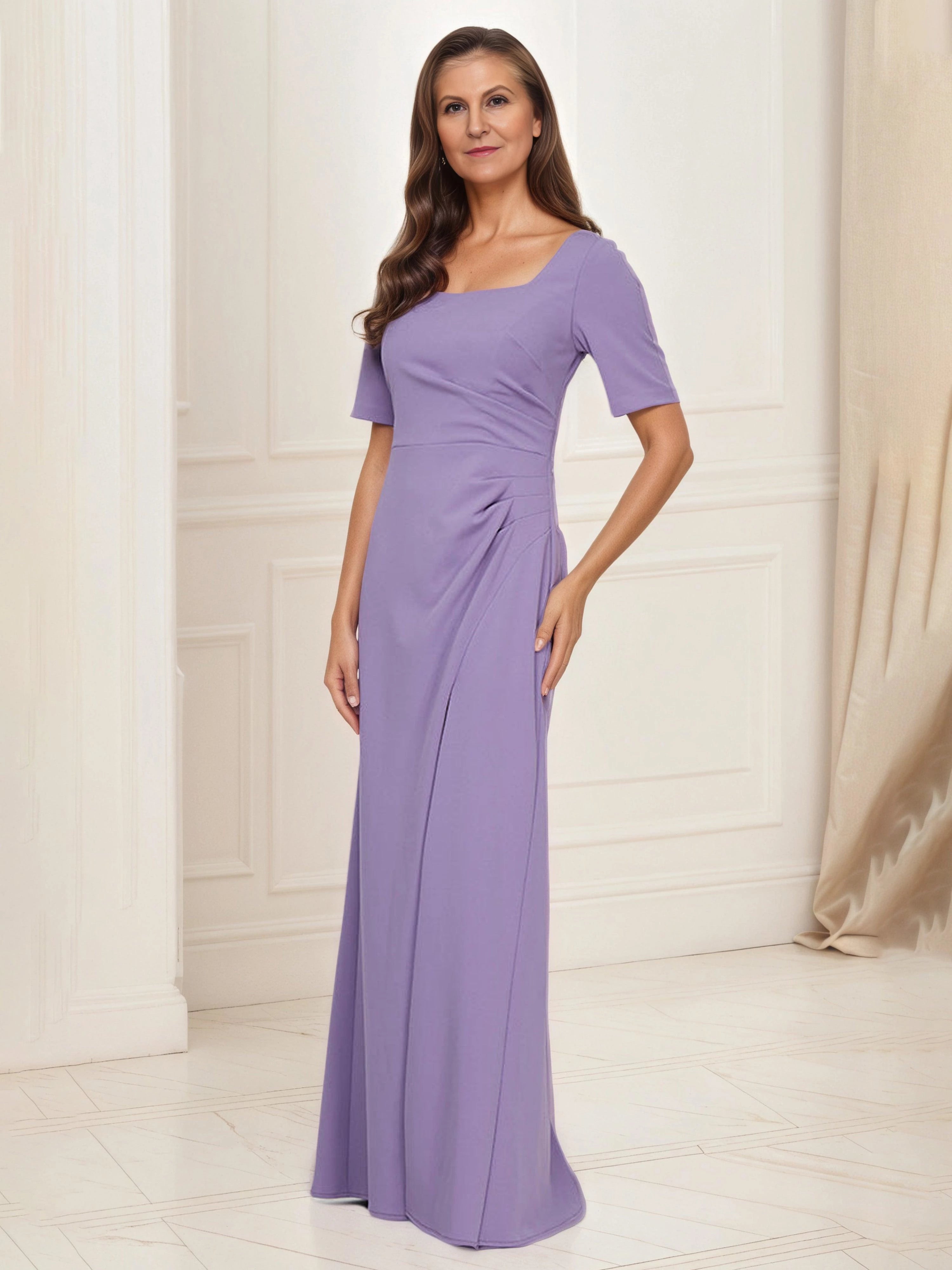 Elegant Sheath Square Neck Short Sleeve Zip Back Floor Length Mother of the Bride Dress