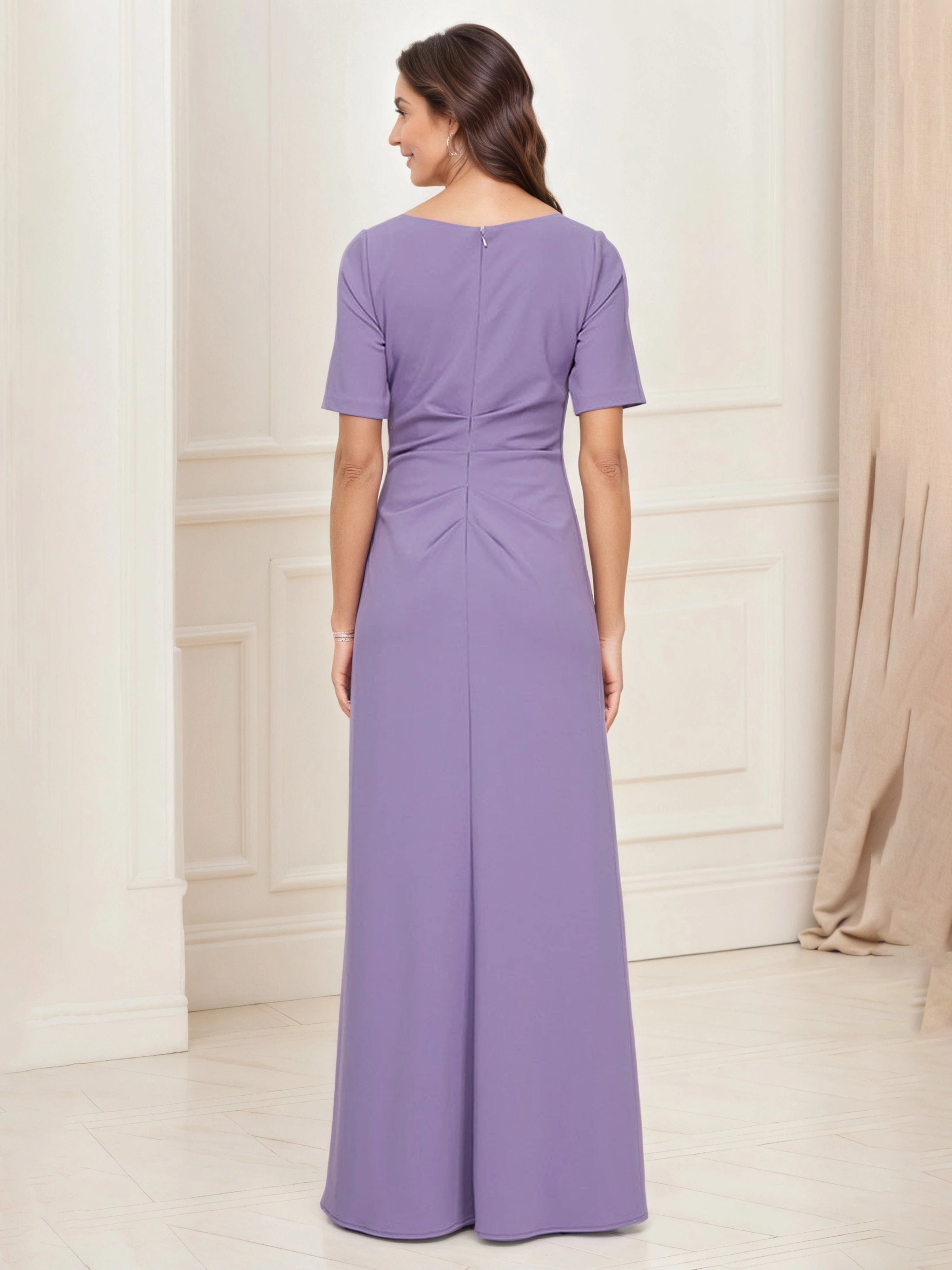 Elegant Sheath Square Neck Short Sleeve Zip Back Floor Length Mother of the Bride Dress