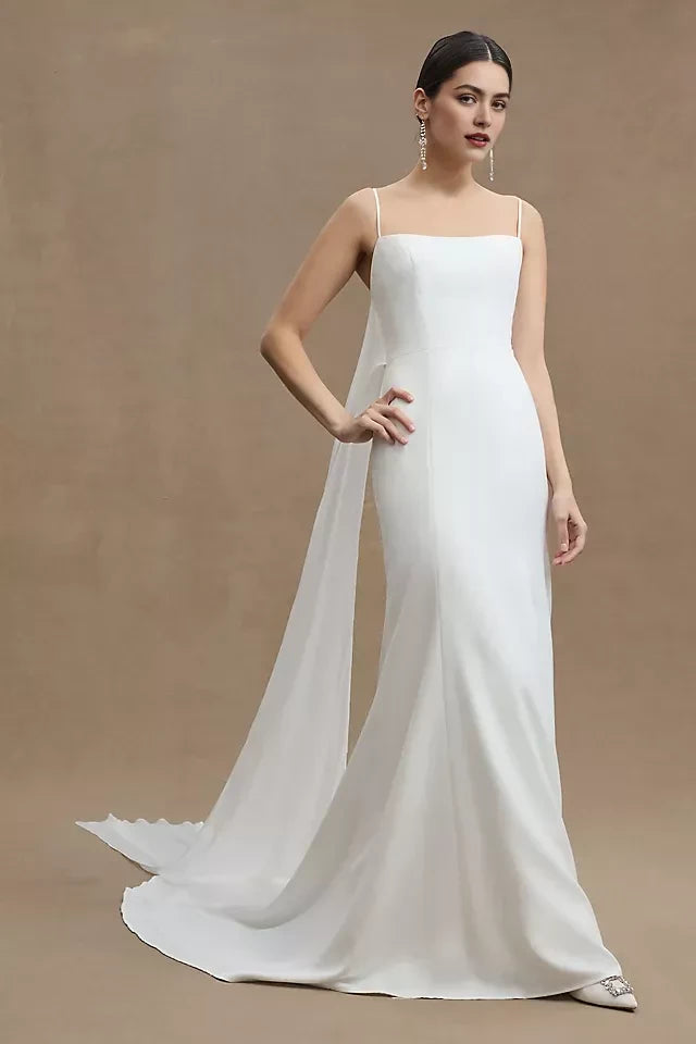 Elegant Sheath Square Neck Sleeveless Bow Back Floor Length Wedding Dress