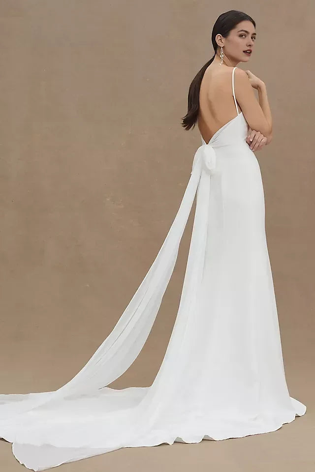 Elegant Sheath Square Neck Sleeveless Bow Back Floor Length Wedding Dress