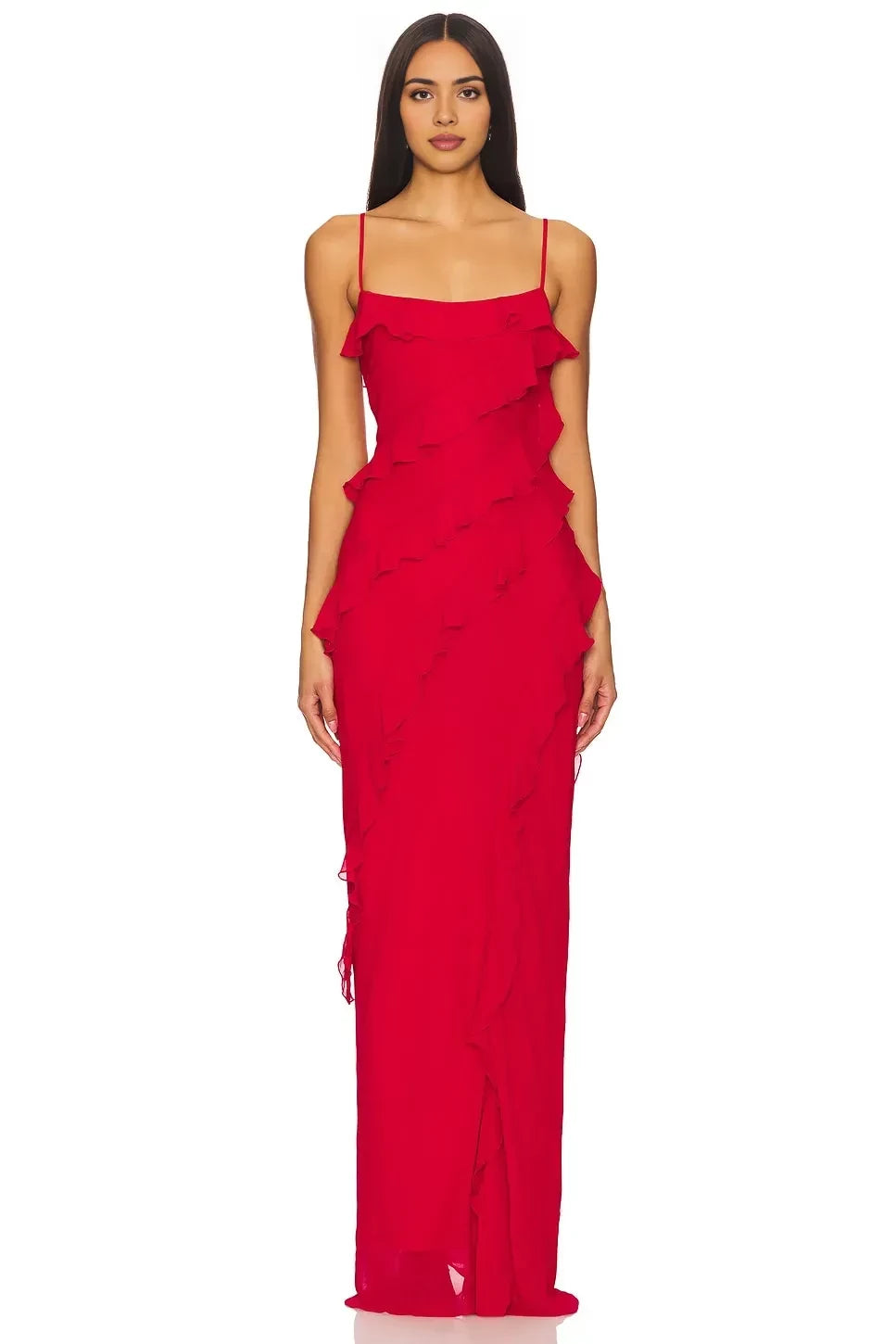 Elegant Sheath Square Neck Sleeveless Ruffled Asymmetric Floor Length Evening Dress