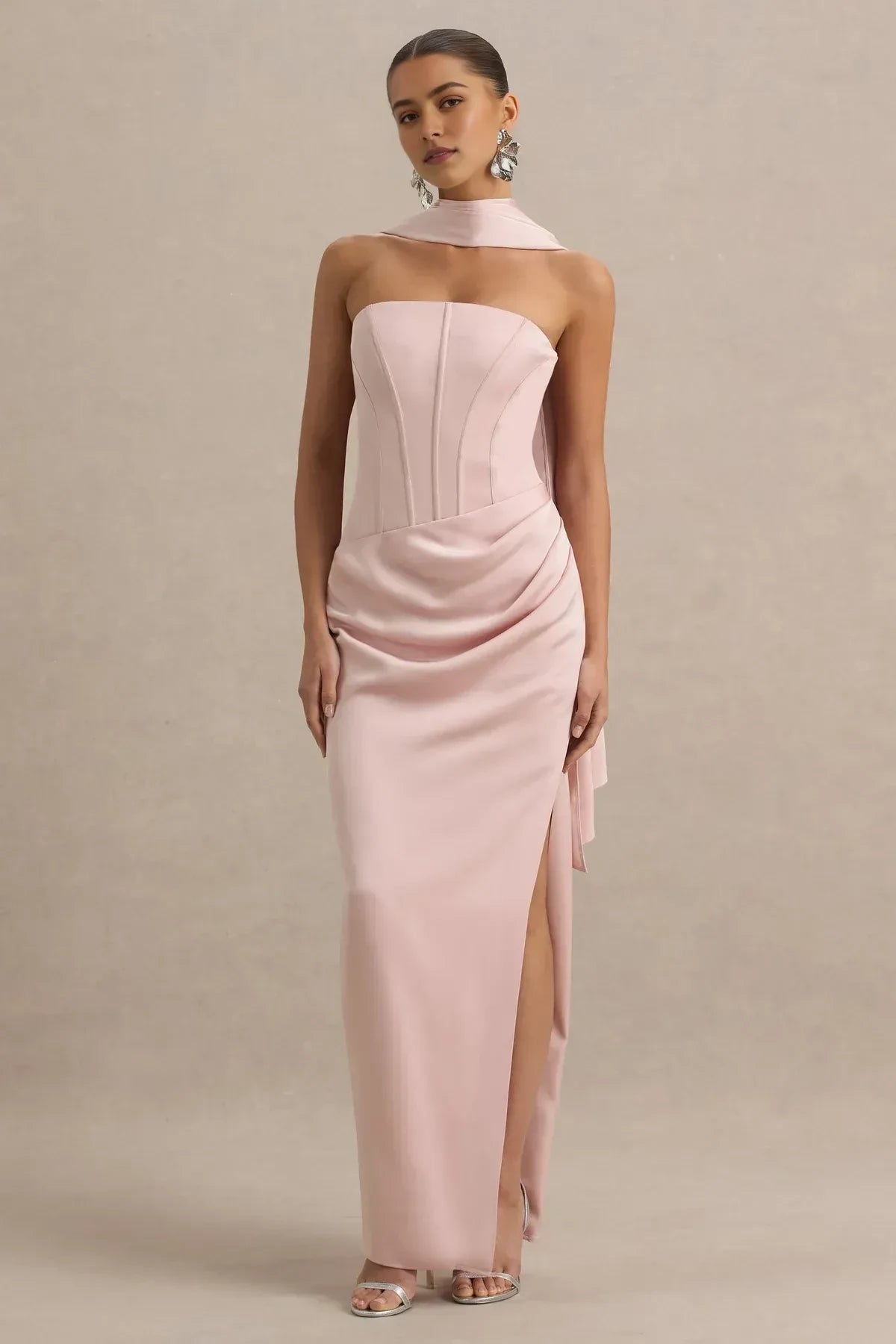 Elegant Sheath Strapless Draped Sleeve Zipper Back Floor Length Evening Dress