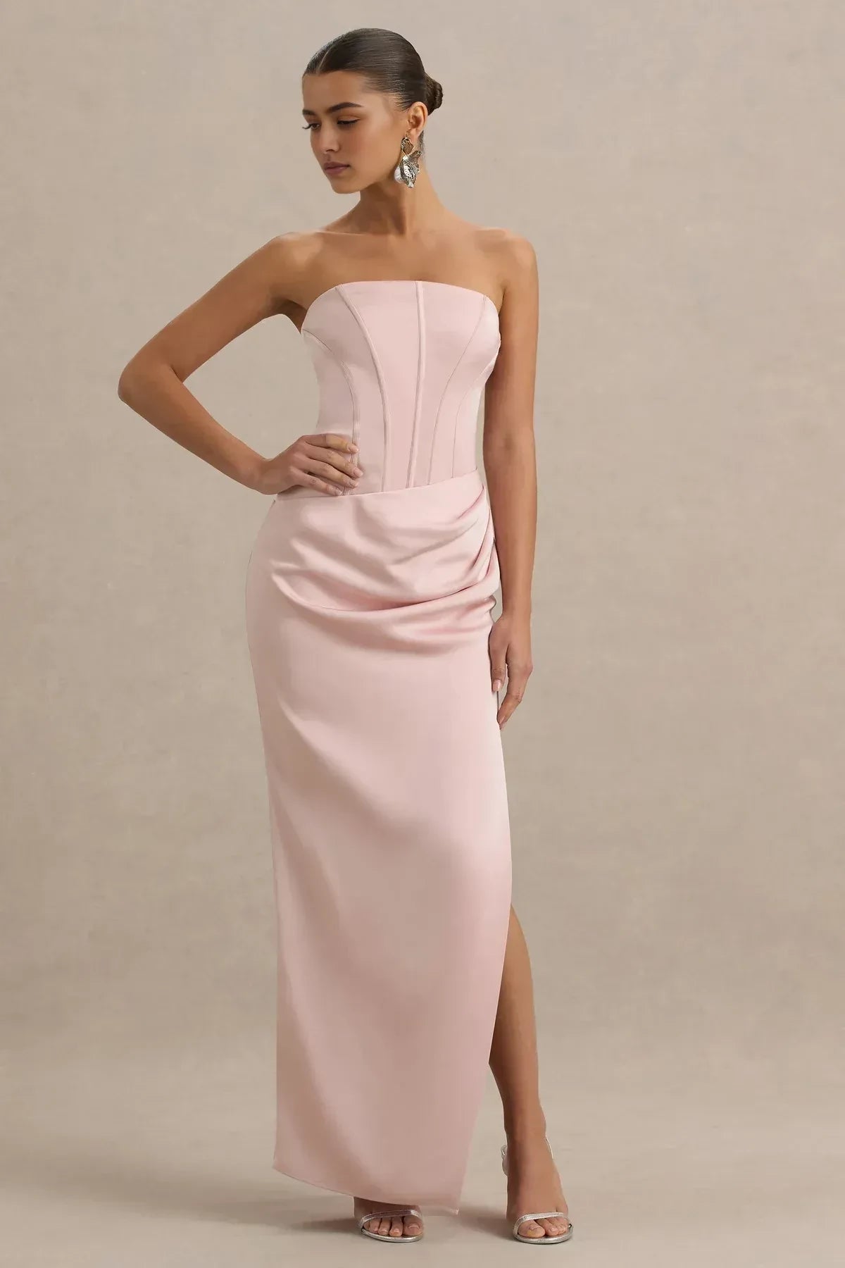 Elegant Sheath Strapless Draped Sleeve Zipper Back Floor Length Evening Dress