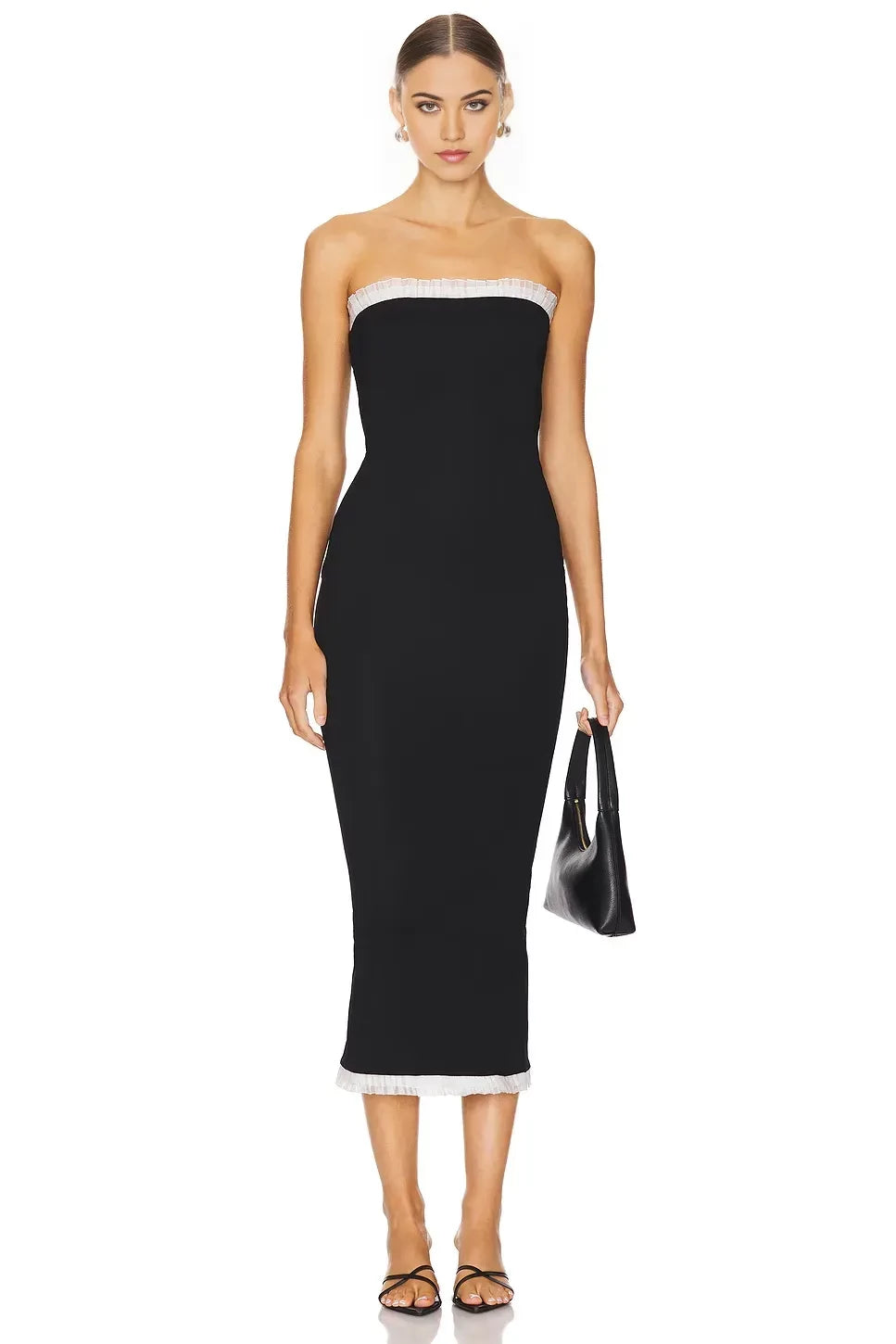 Elegant Sheath Strapless Sleeveless Contrast Trim Slit Back Midi Length Evening Dress