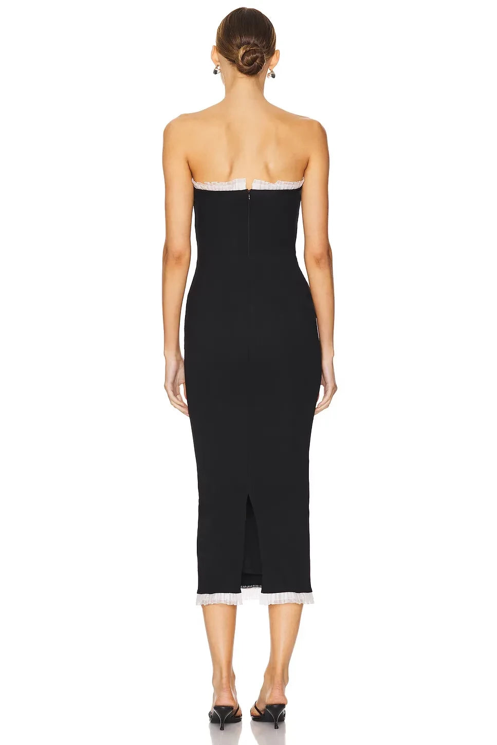 Elegant Sheath Strapless Sleeveless Contrast Trim Slit Back Midi Length Evening Dress