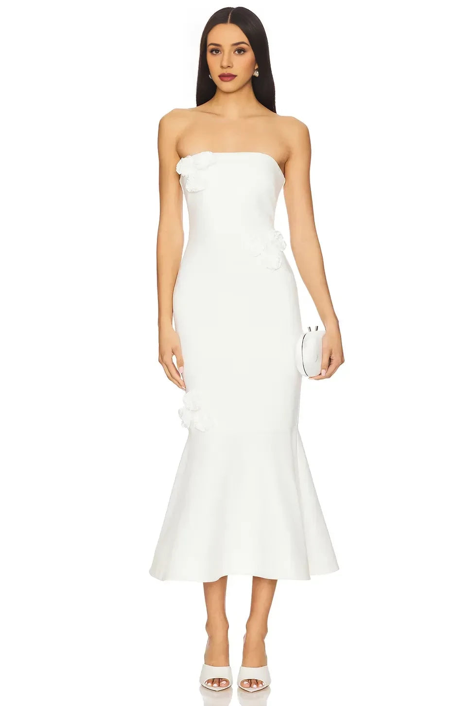 Elegant Sheath Strapless Sleeveless Floral Embellished Mermaid Midi Evening Dress