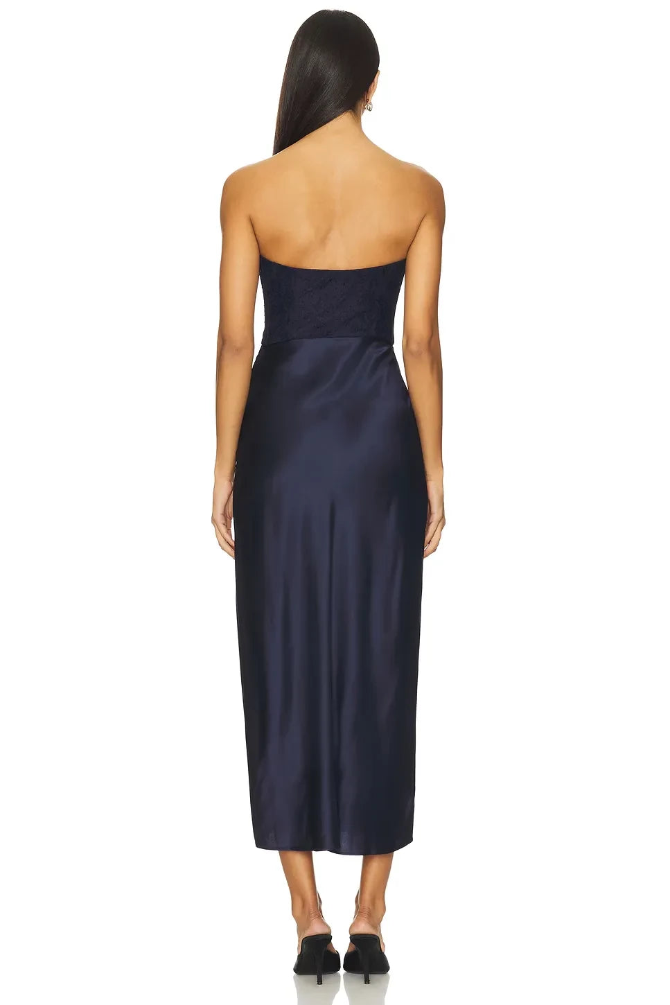 Elegant Sheath Strapless Sleeveless Lace Trim Midi Length Evening Dress