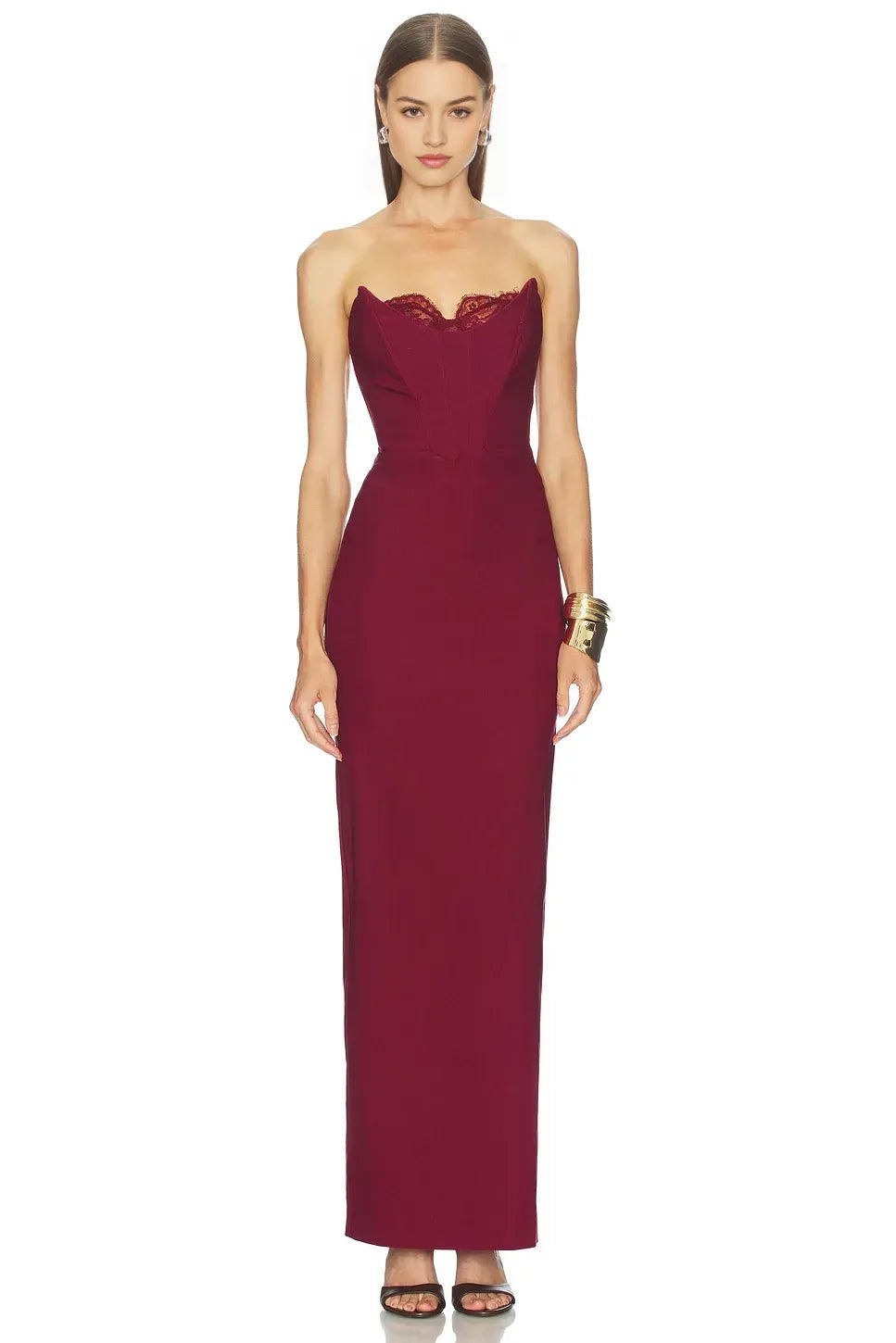 Elegant Sheath Strapless Sleeveless Lace Trim Slit Back Floor Length Evening Dress