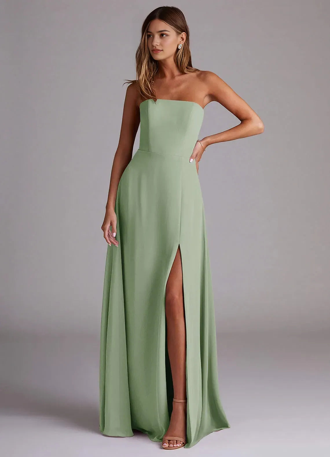 Elegant Sheath Strapless Sleeveless Open Back Floor Length Bridesmaid Dress