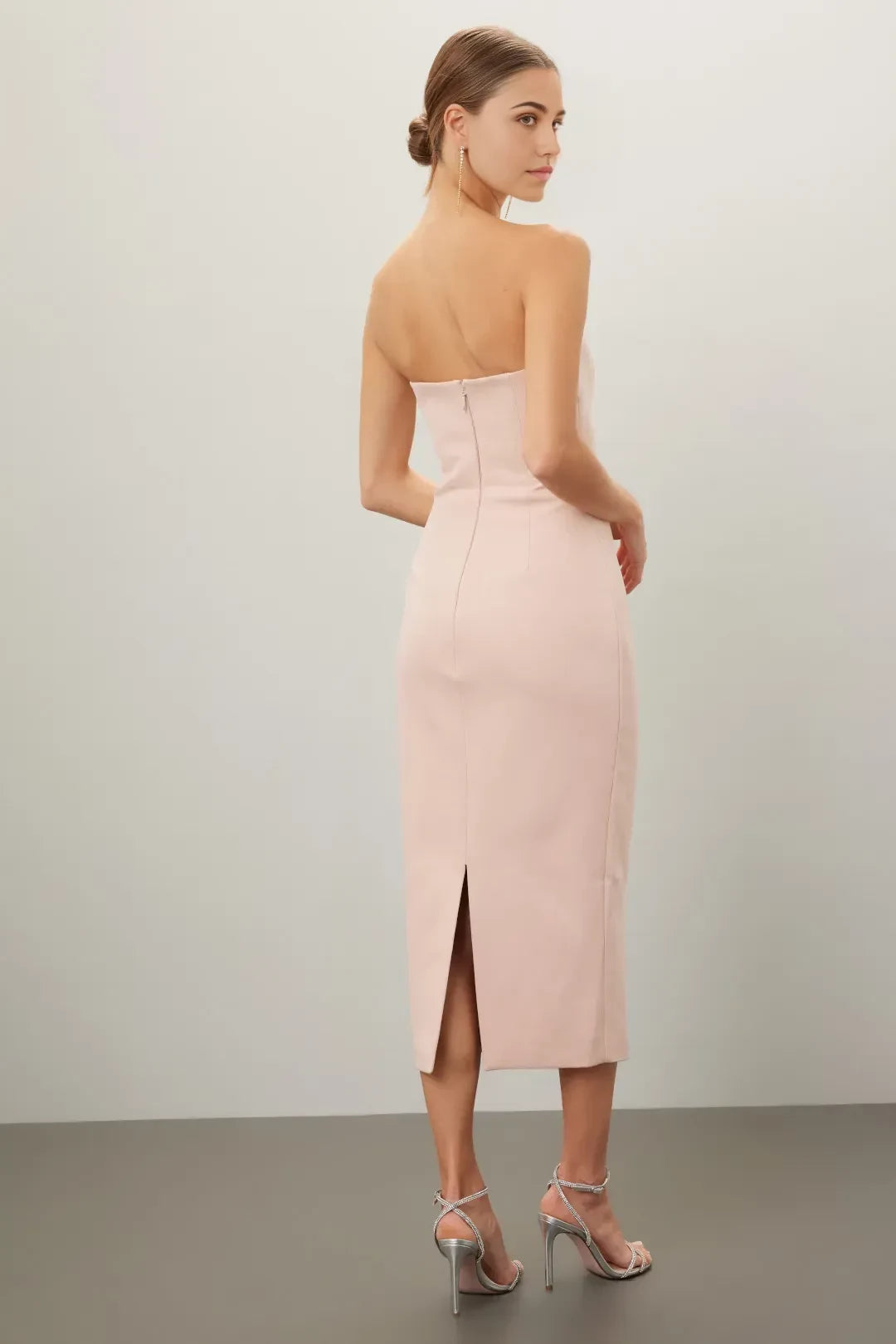 Elegant Sheath Strapless Sleeveless Open Back Midi Length Plus Size Prom Dress