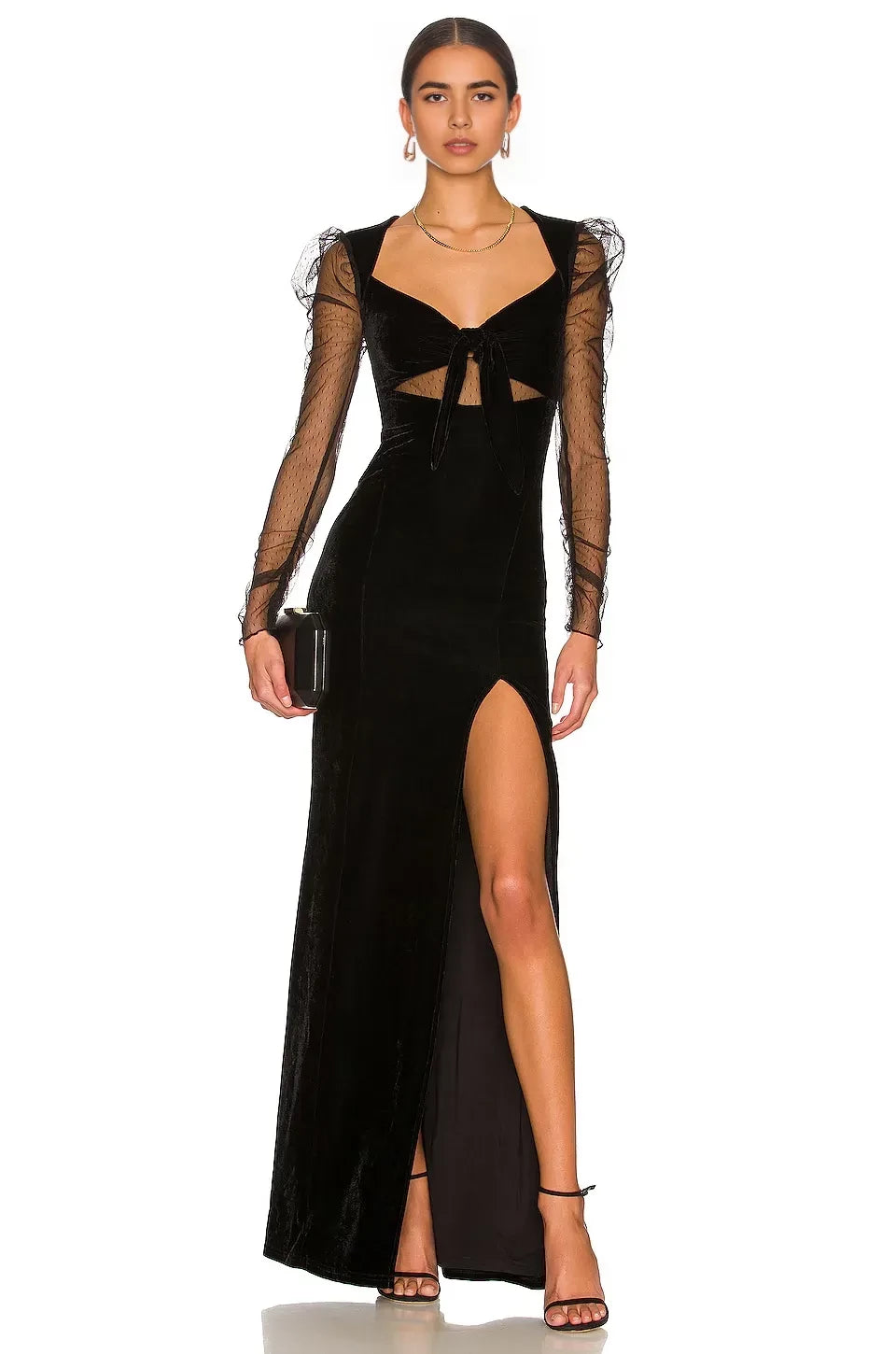 Elegant Sheath Sweetheart Neck Mesh Long Sleeve Cutout Front Floor Length Evening Dress