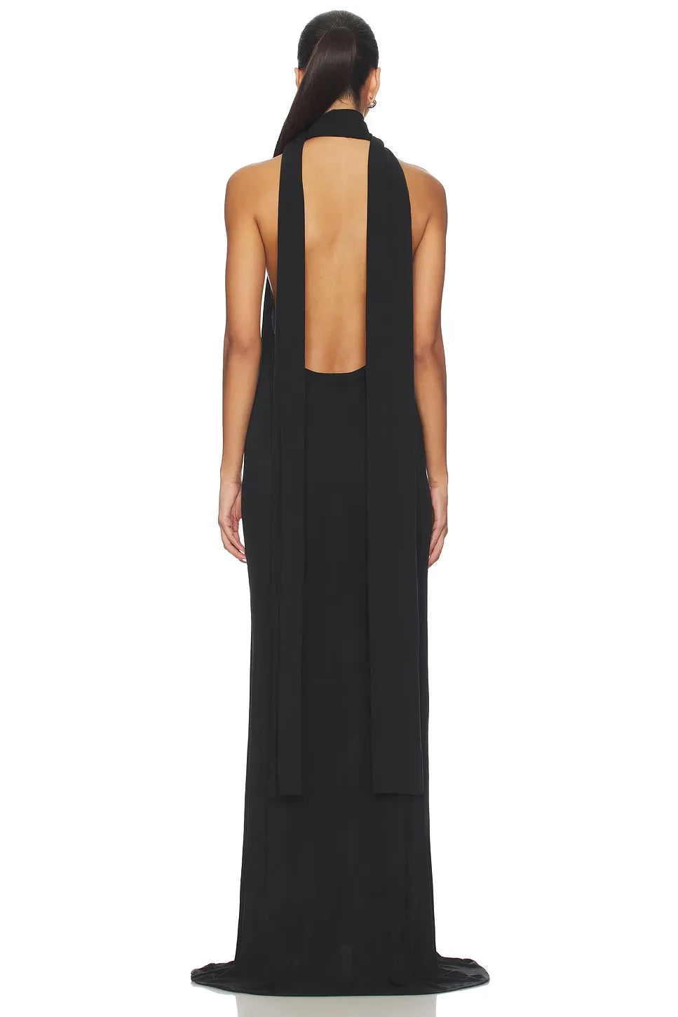 Elegant Sheath Turtleneck Halter Sleeveless Draped Back Floor Length Prom Dress