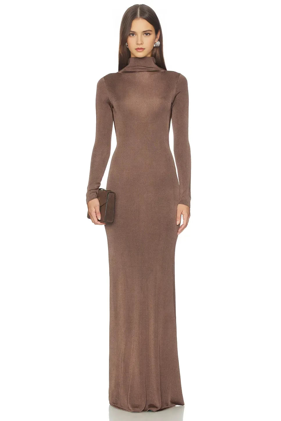 Elegant Sheath Turtleneck Long Sleeve Open Back Floor Length Evening Dress