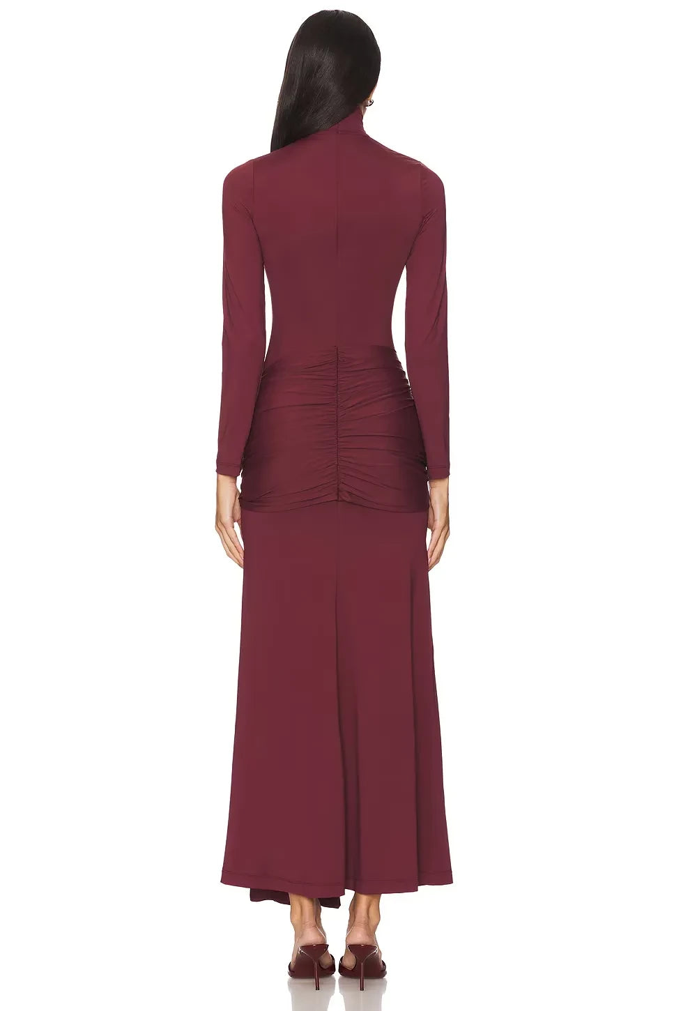 Elegant Sheath Turtleneck Long Sleeve Ruched Back Floor Length Prom Dress