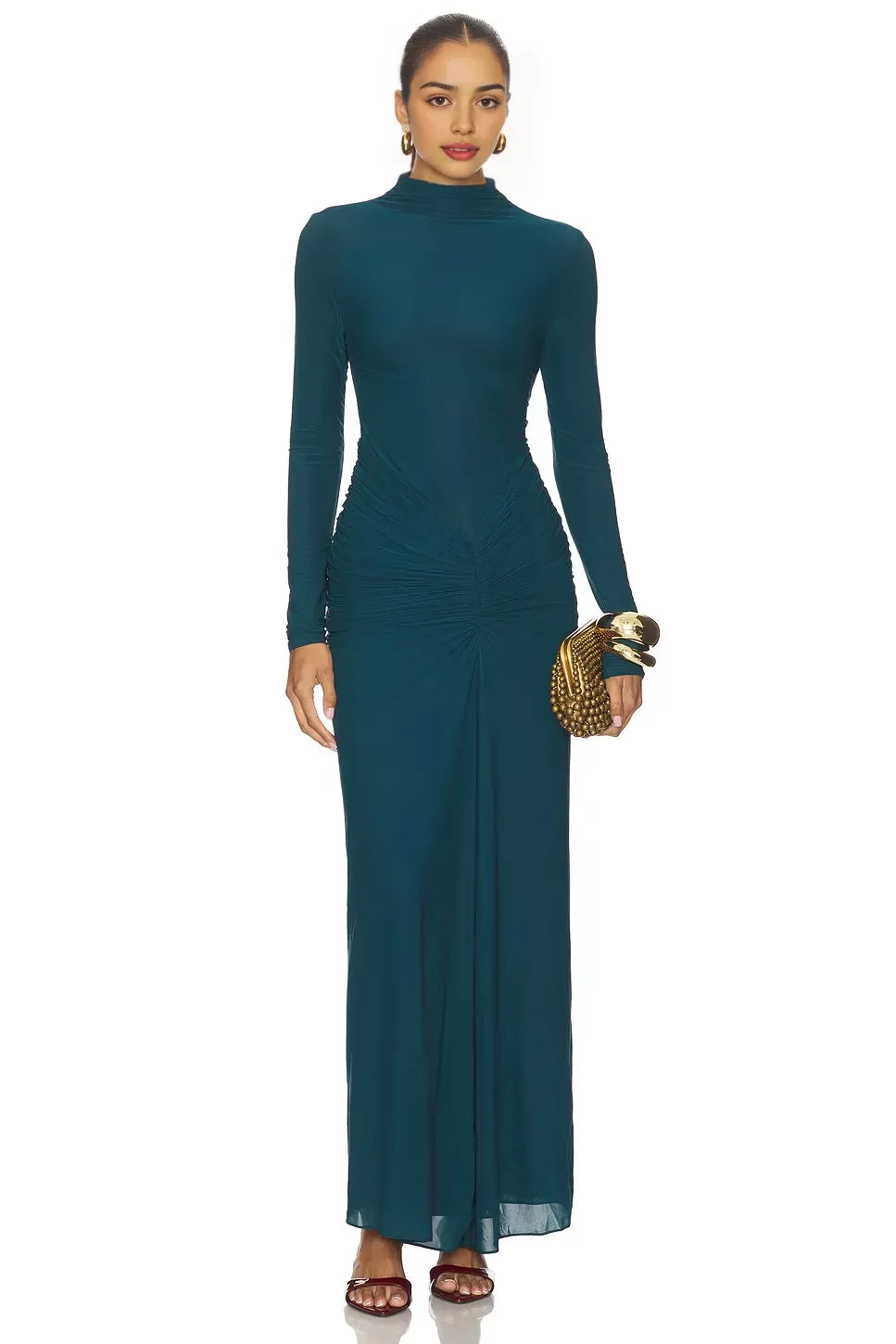 Elegant Sheath Turtleneck Ruched Sleeve Zipper Back Floor Length Evening Dress