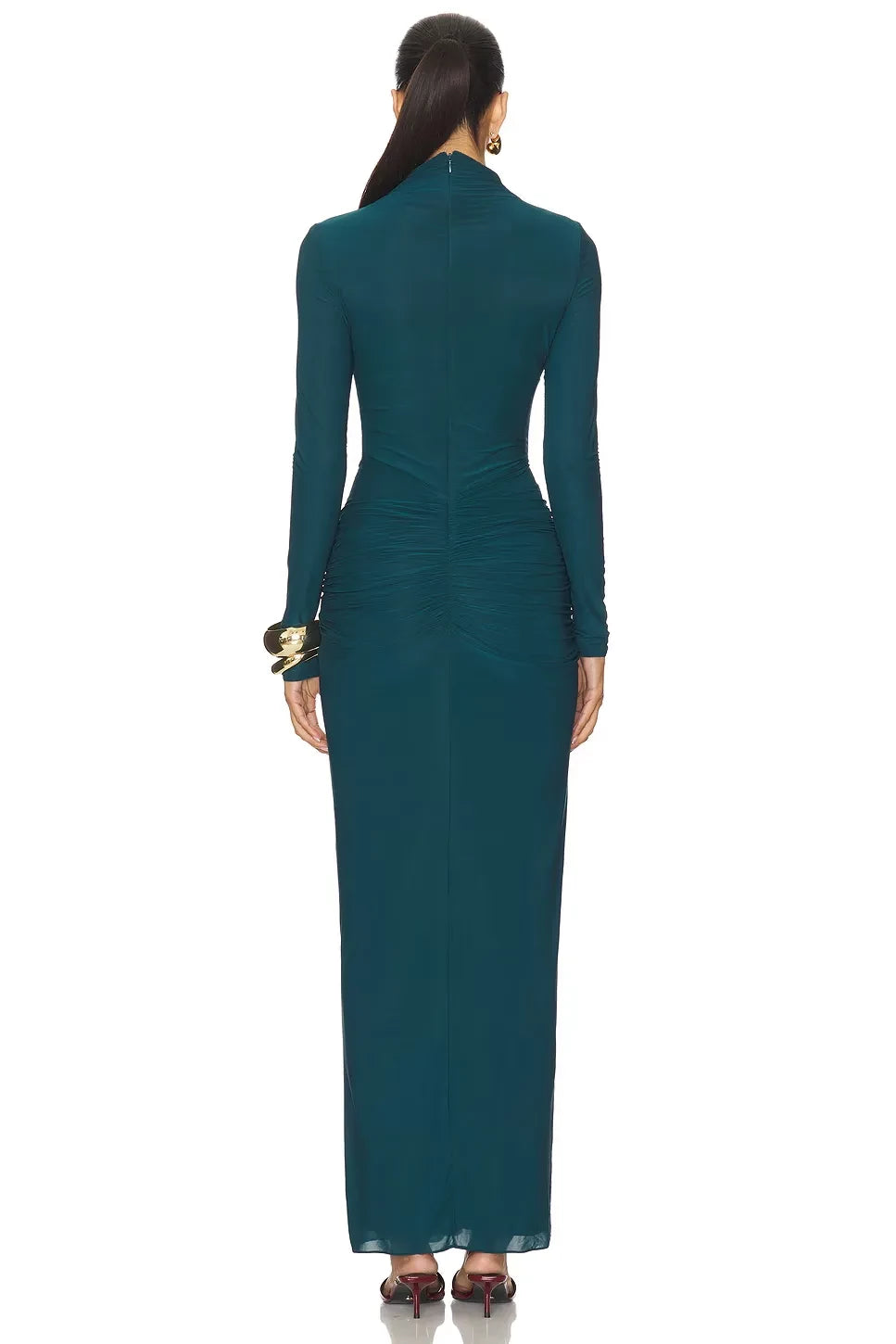 Elegant Sheath Turtleneck Ruched Sleeve Zipper Back Floor Length Evening Dress