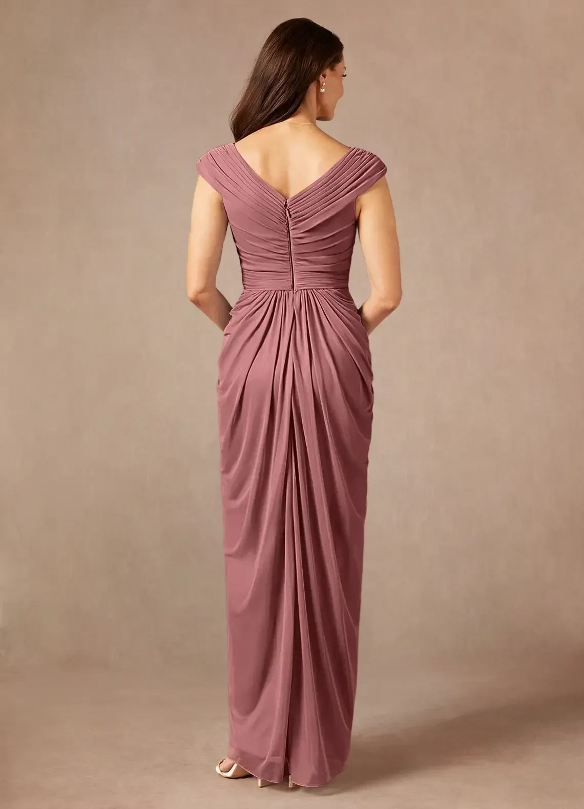 Elegant Sheath V Neck Cap Sleeve Zipper Back Floor Length Mother of the Bride Dress