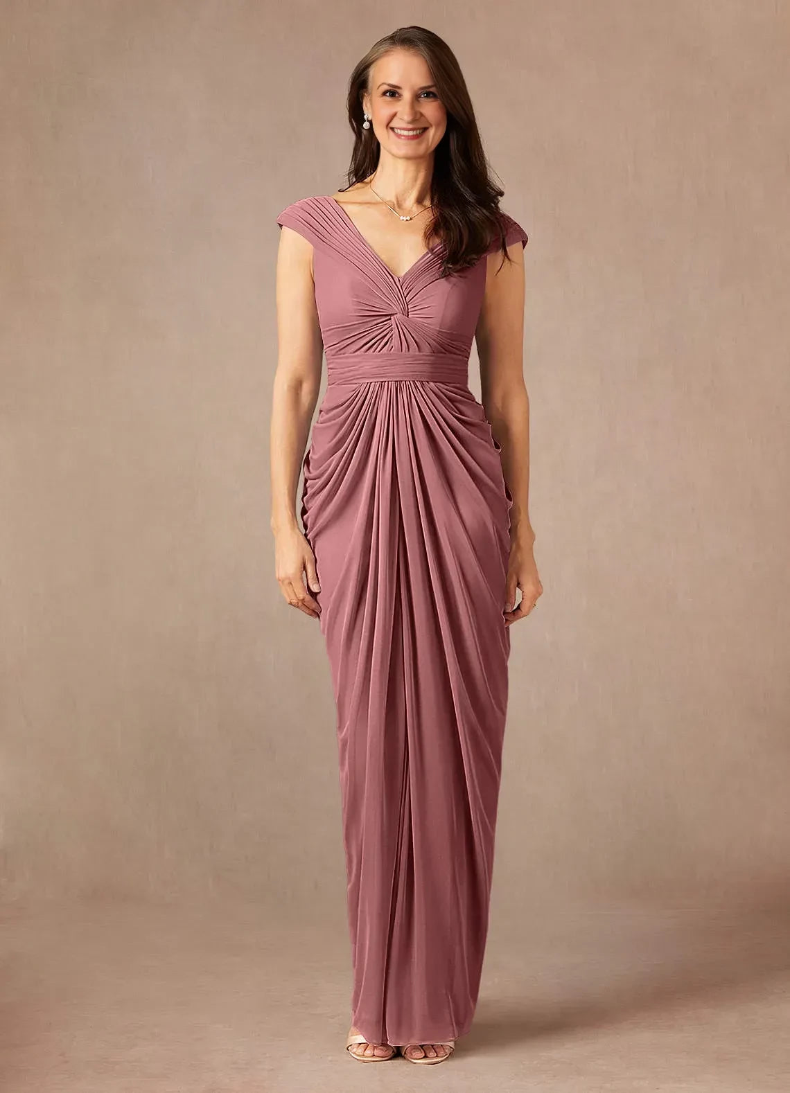 Elegant Sheath V Neck Cap Sleeve Zipper Back Floor Length Mother of the Bride Dress