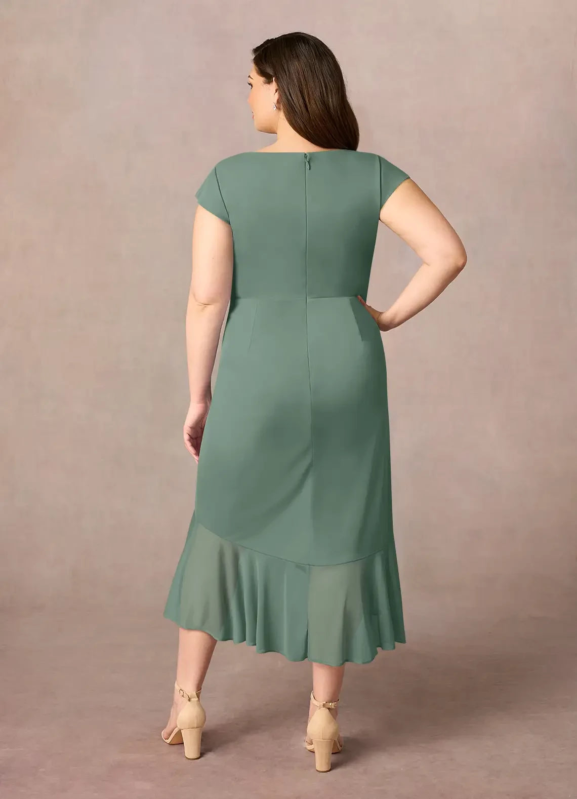 Elegant Sheath V Neck Cap Sleeve Zipper Back Hi Lo Plus Size Length Mother of the Bride Dress