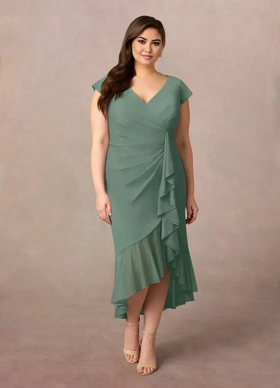 Elegant Sheath V Neck Cap Sleeve Zipper Back Hi Lo Plus Size Length Mother of the Bride Dress