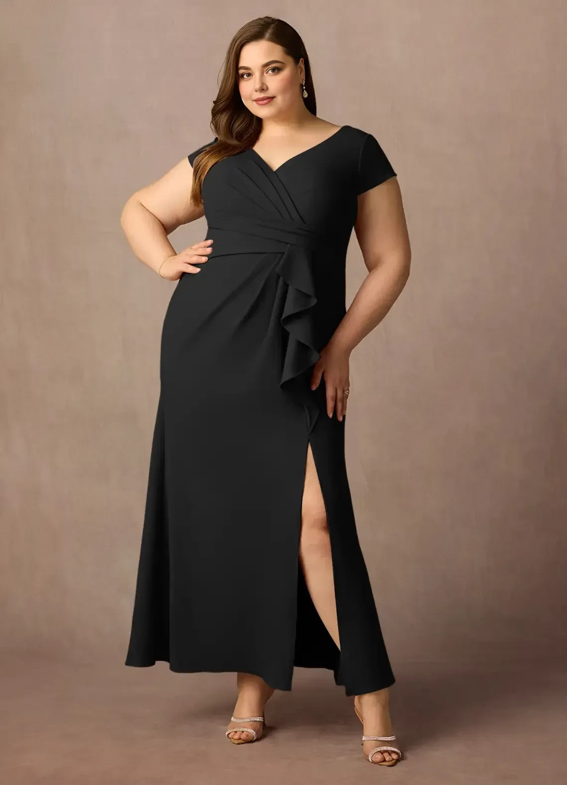 Elegant Sheath V Neck Cap Sleeve Zipper Back Plus Size Floor Length Mother of the Bride Dress