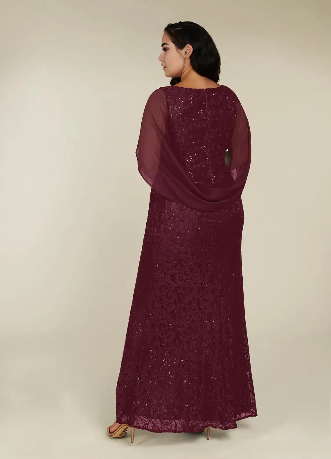 Elegant Sheath V Neck Chiffon Cape Sleeve Zipper Back Plus Size Floor Length Mother of the Bride Dress