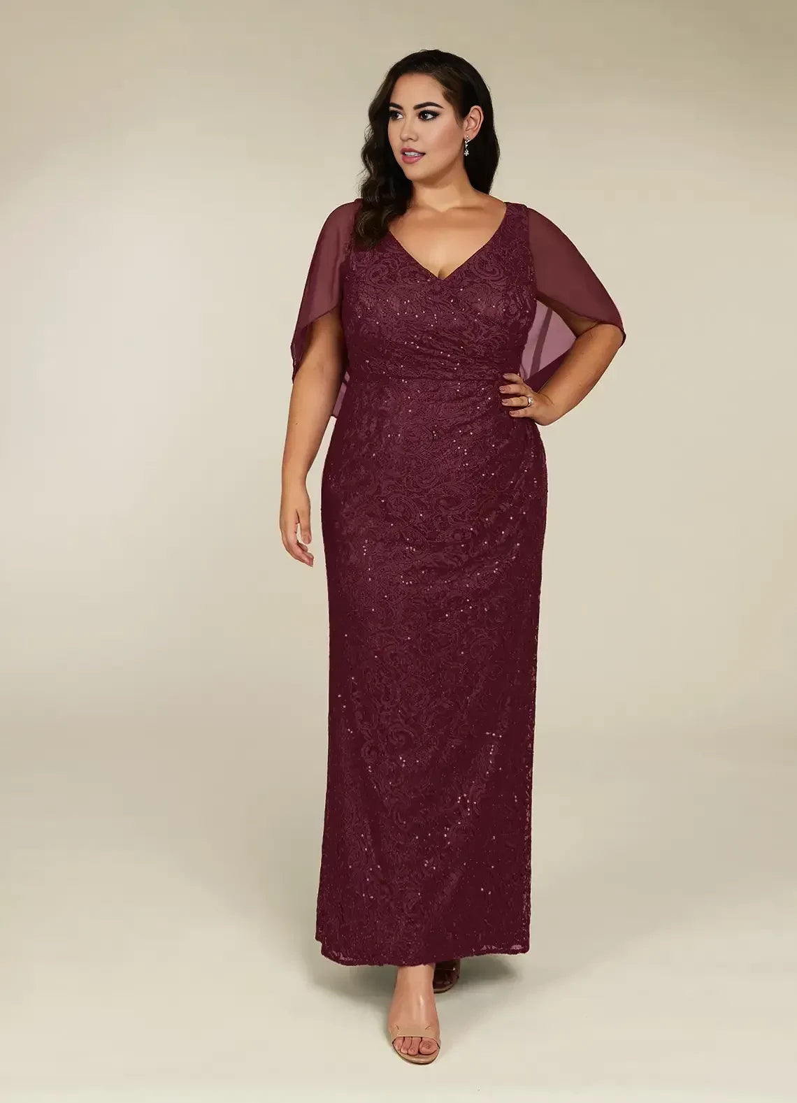 Elegant Sheath V Neck Chiffon Cape Sleeve Zipper Back Plus Size Floor Length Mother of the Bride Dress