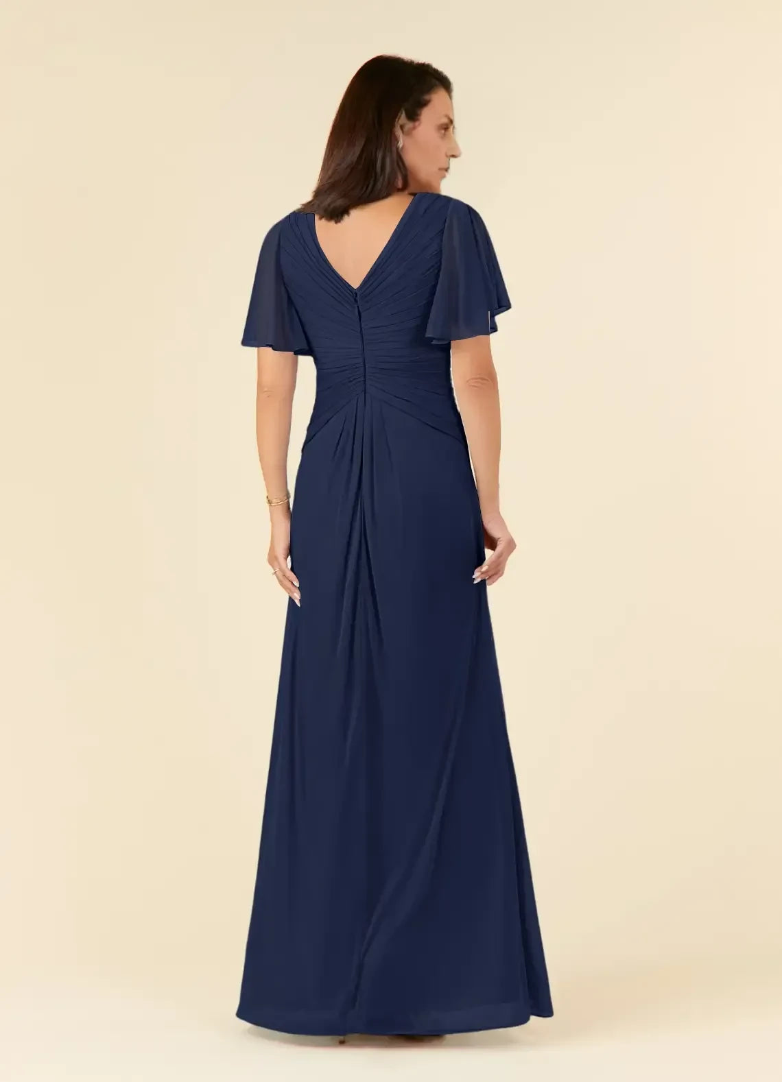 Elegant Sheath V Neck Flutter Sleeve Ruched Back Floor Length Mother of the Bride Dress