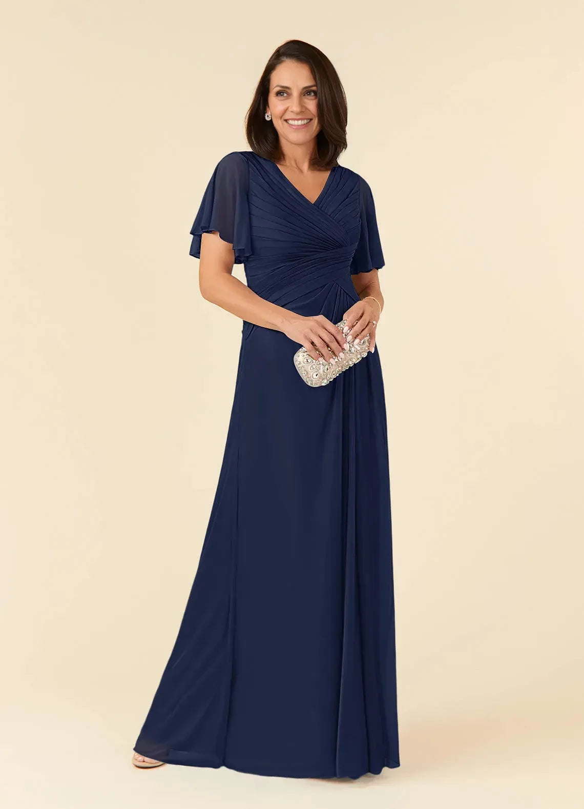 Elegant Sheath V Neck Flutter Sleeve Ruched Back Floor Length Mother of the Bride Dress
