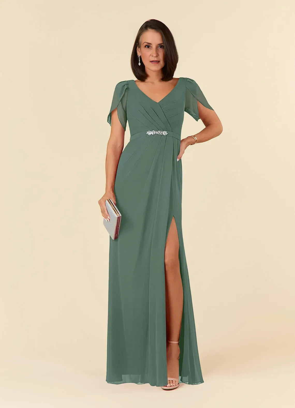 Elegant Sheath V Neck Flutter Sleeve Zip Back Floor Length Mother of the Bride Dress