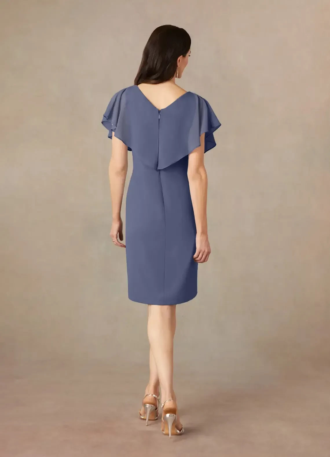Elegant Sheath V Neck Flutter Sleeve Zipper Back Knee Length Mother of the Bride Dress