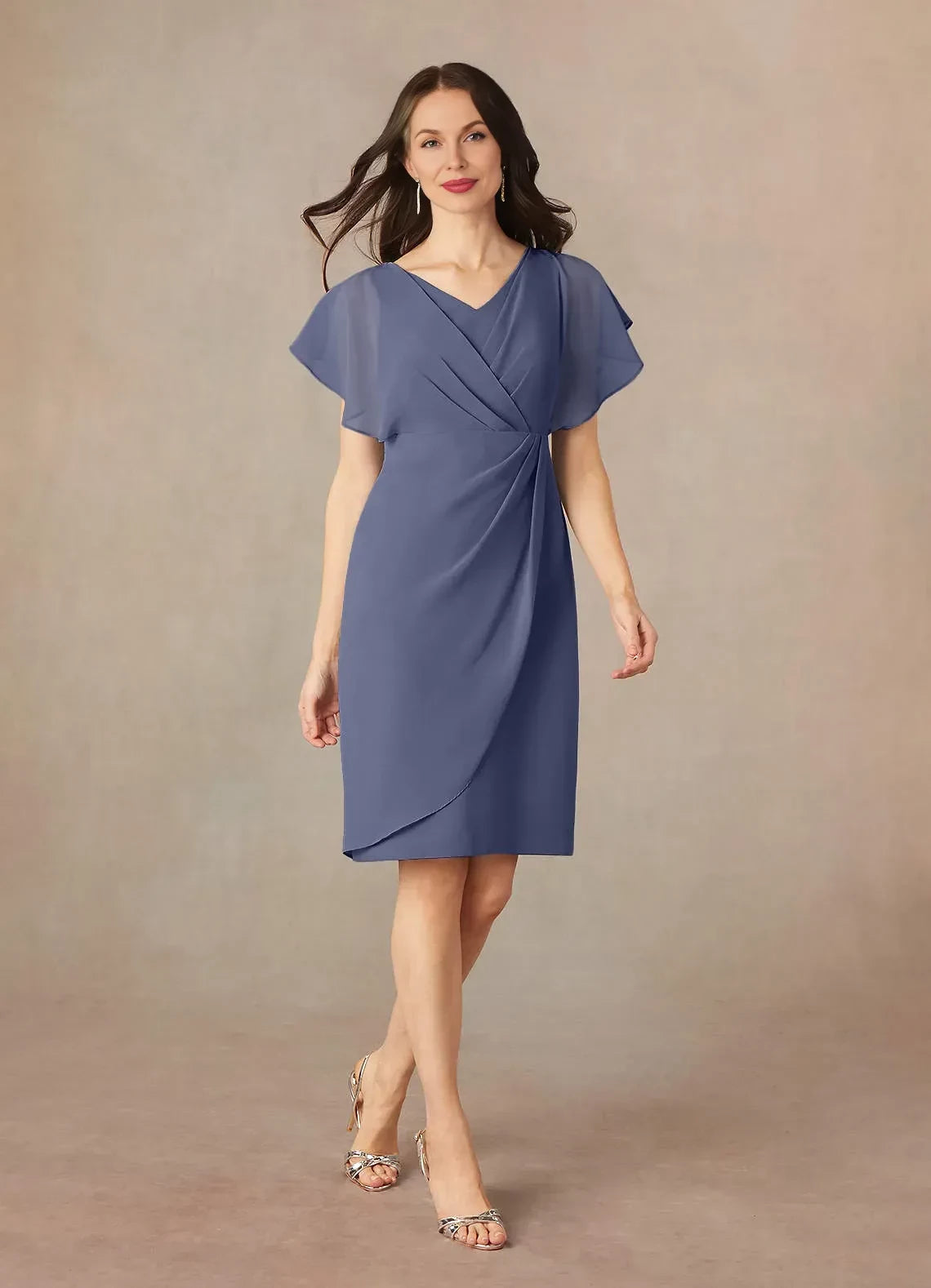 Elegant Sheath V Neck Flutter Sleeve Zipper Back Knee Length Mother of the Bride Dress