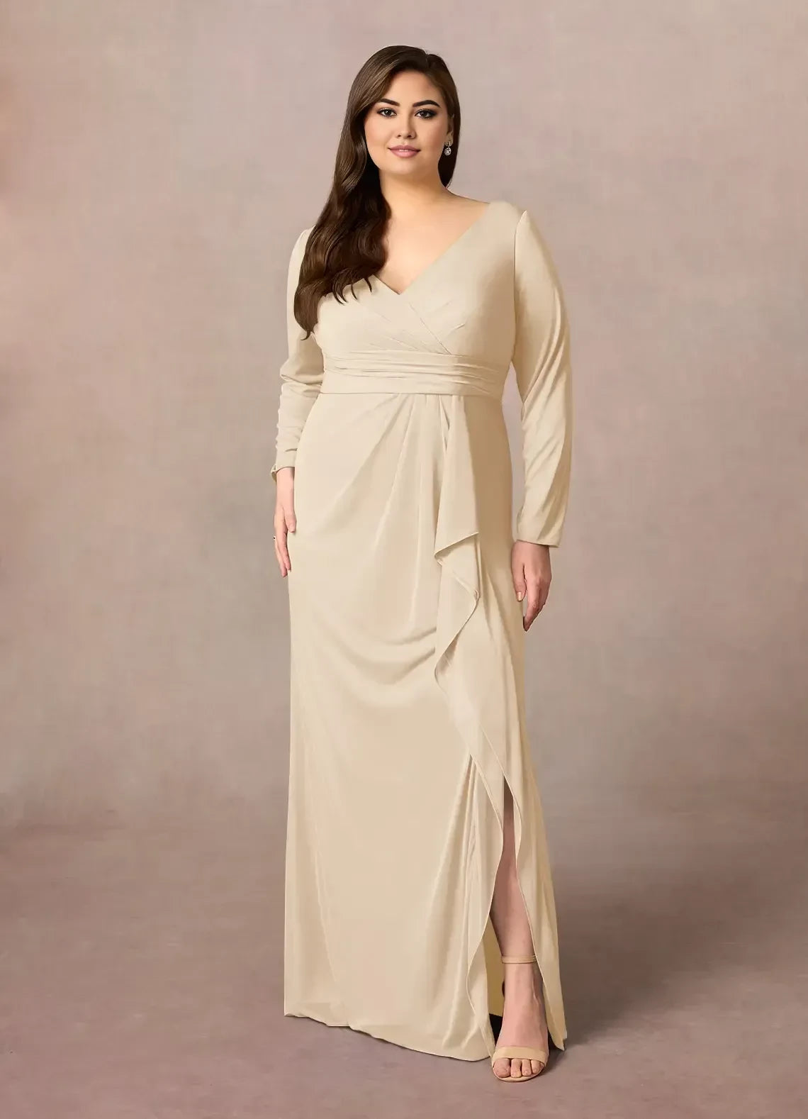 Elegant Sheath V Neck Long Sleeve Zipper Back Plus Size Floor Length Mother of the Bride Dress