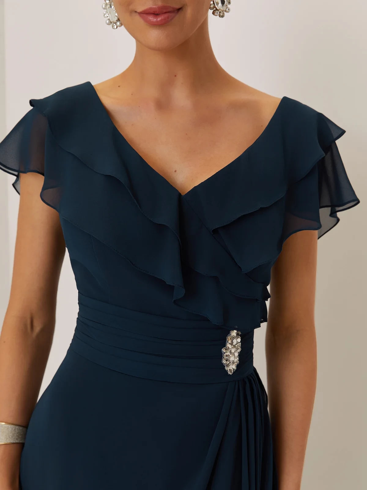 Elegant Sheath V Neck Ruffle Sleeve Zip Back Floor Length Mother of the Bride Dress