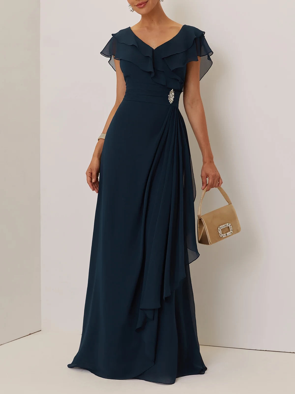 Elegant Sheath V Neck Ruffle Sleeve Zip Back Floor Length Mother of the Bride Dress