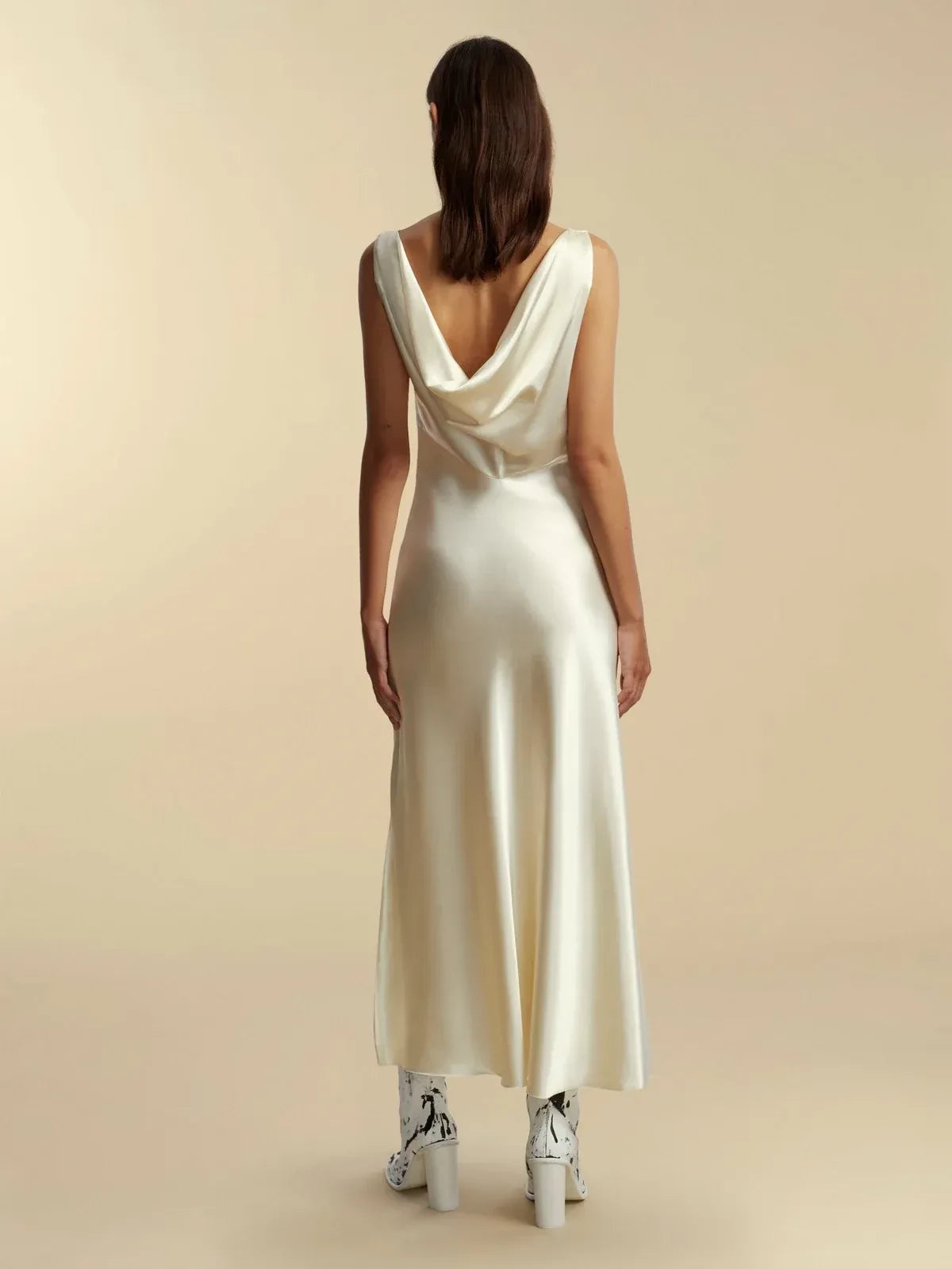 Elegant Sheath V Neck Sleeveless Cowl Back Midi Length Prom Dress