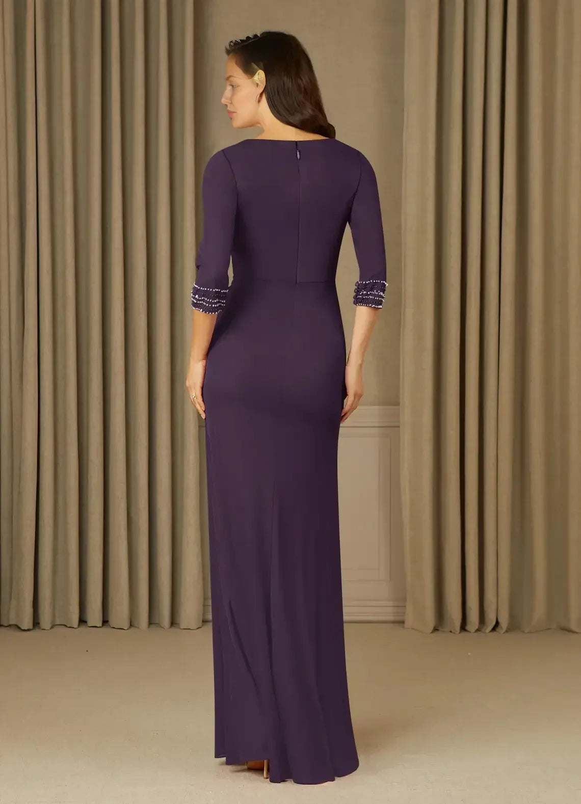 Elegant Sheath V Neck Three Quarter Beaded Sleeve Zipper Back Floor Length Mother of the Bride Dress