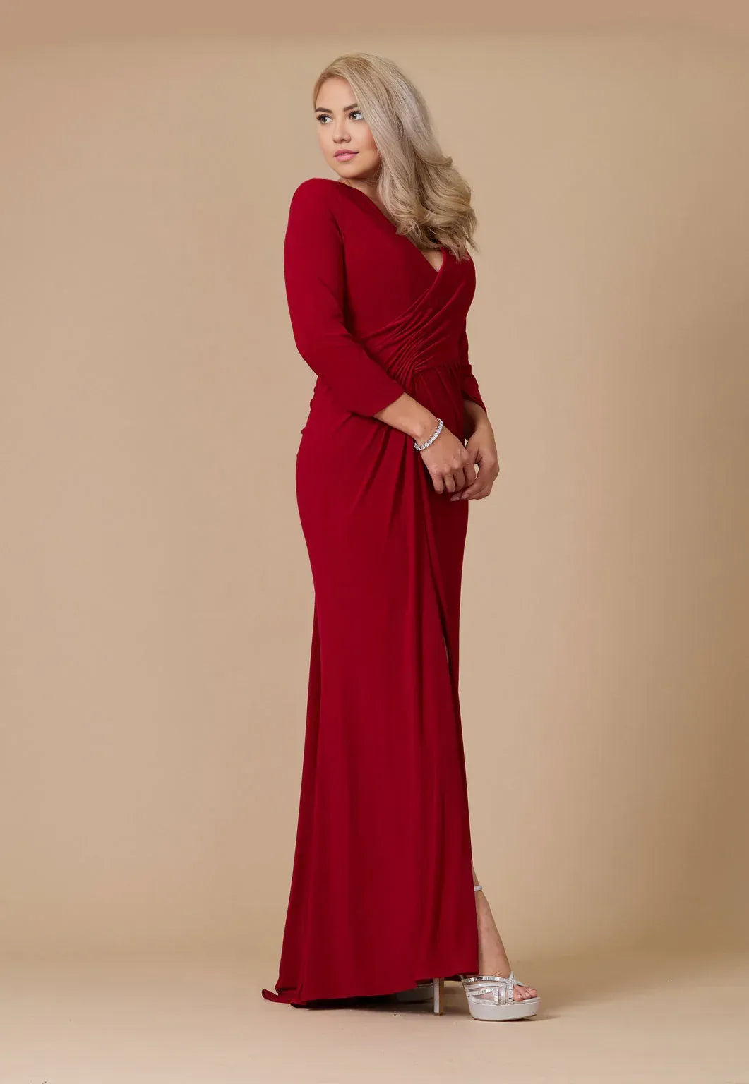 Elegant Sheath V Neck Three Quarter Sleeve Ruche Front Floor Length Plus Size Evening Dress