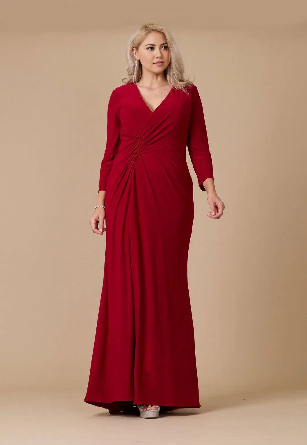 Elegant Sheath V Neck Three Quarter Sleeve Ruche Front Floor Length Plus Size Evening Dress