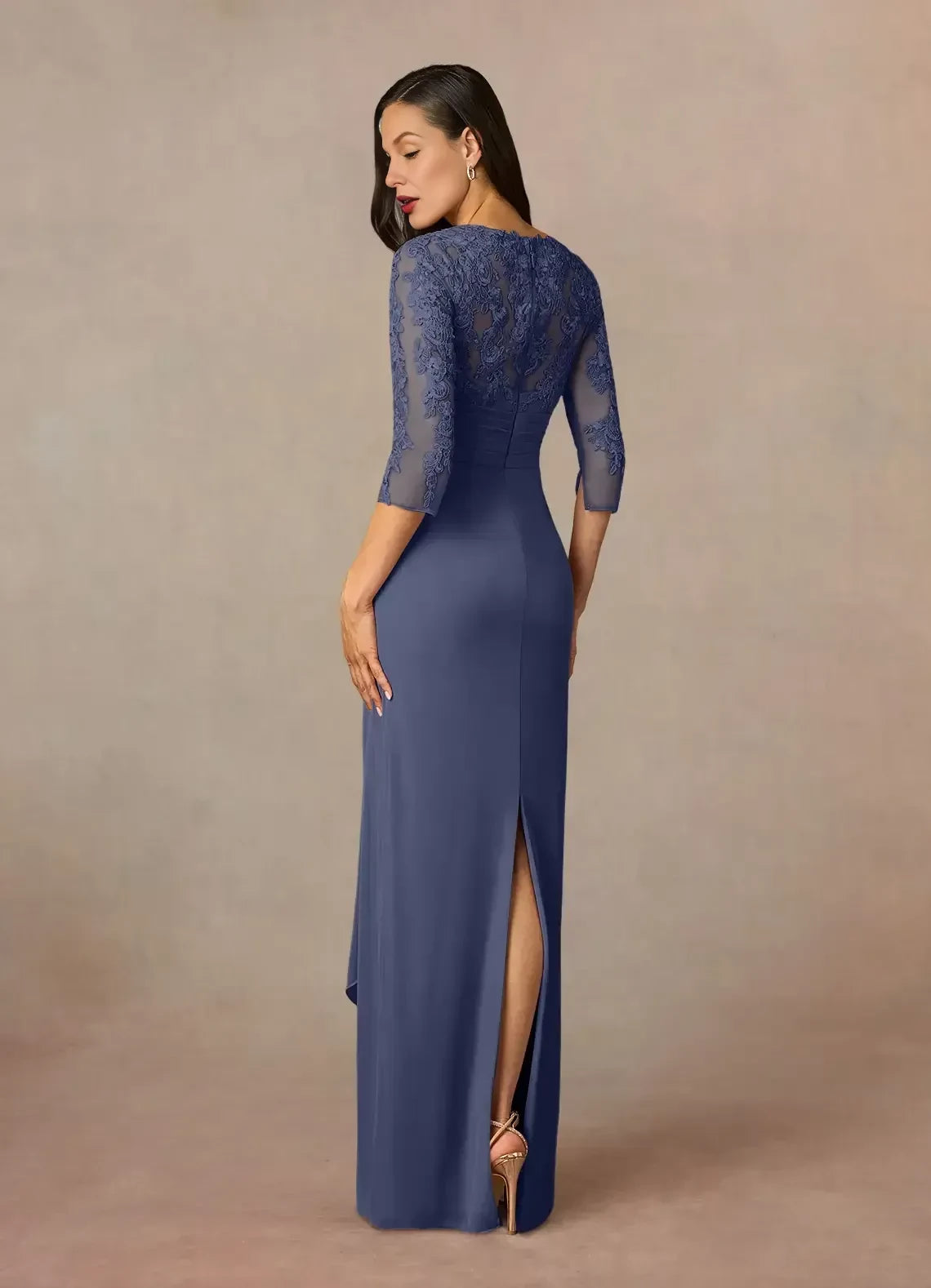 Elegant Sheath V Neck Three Quarter Sleeve Zipper Back Asymmetrical Length Mother of the Bride Dresses