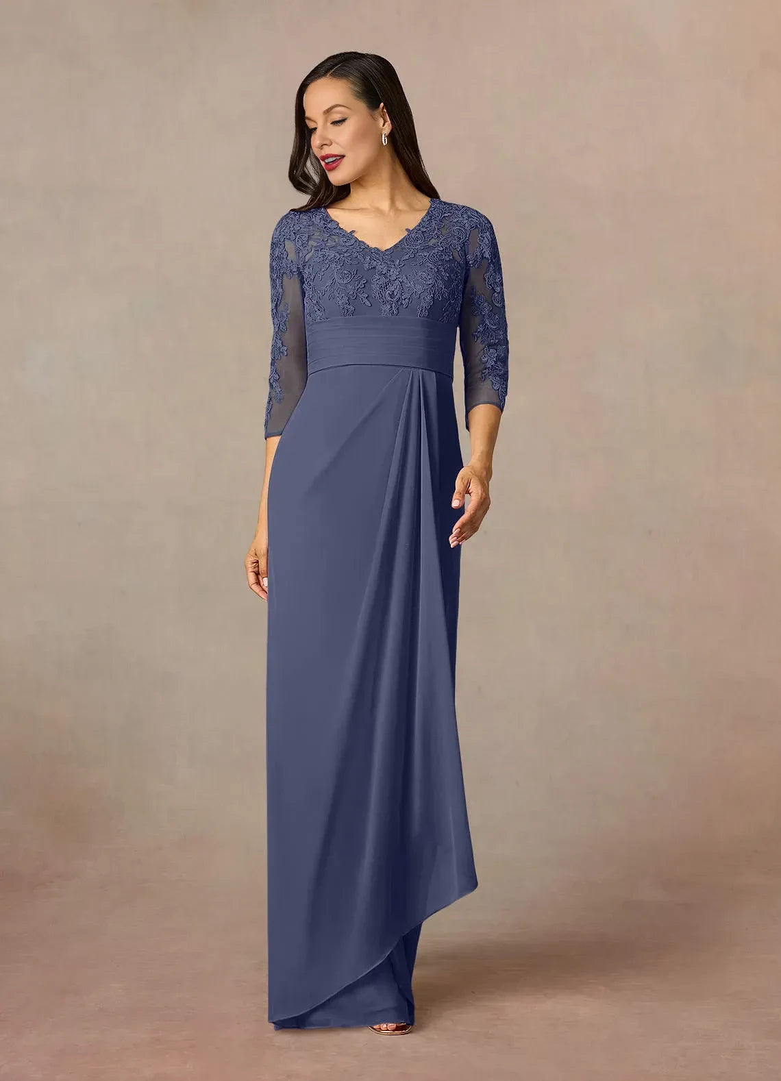 Elegant Sheath V Neck Three Quarter Sleeve Zipper Back Asymmetrical Length Mother of the Bride Dresses