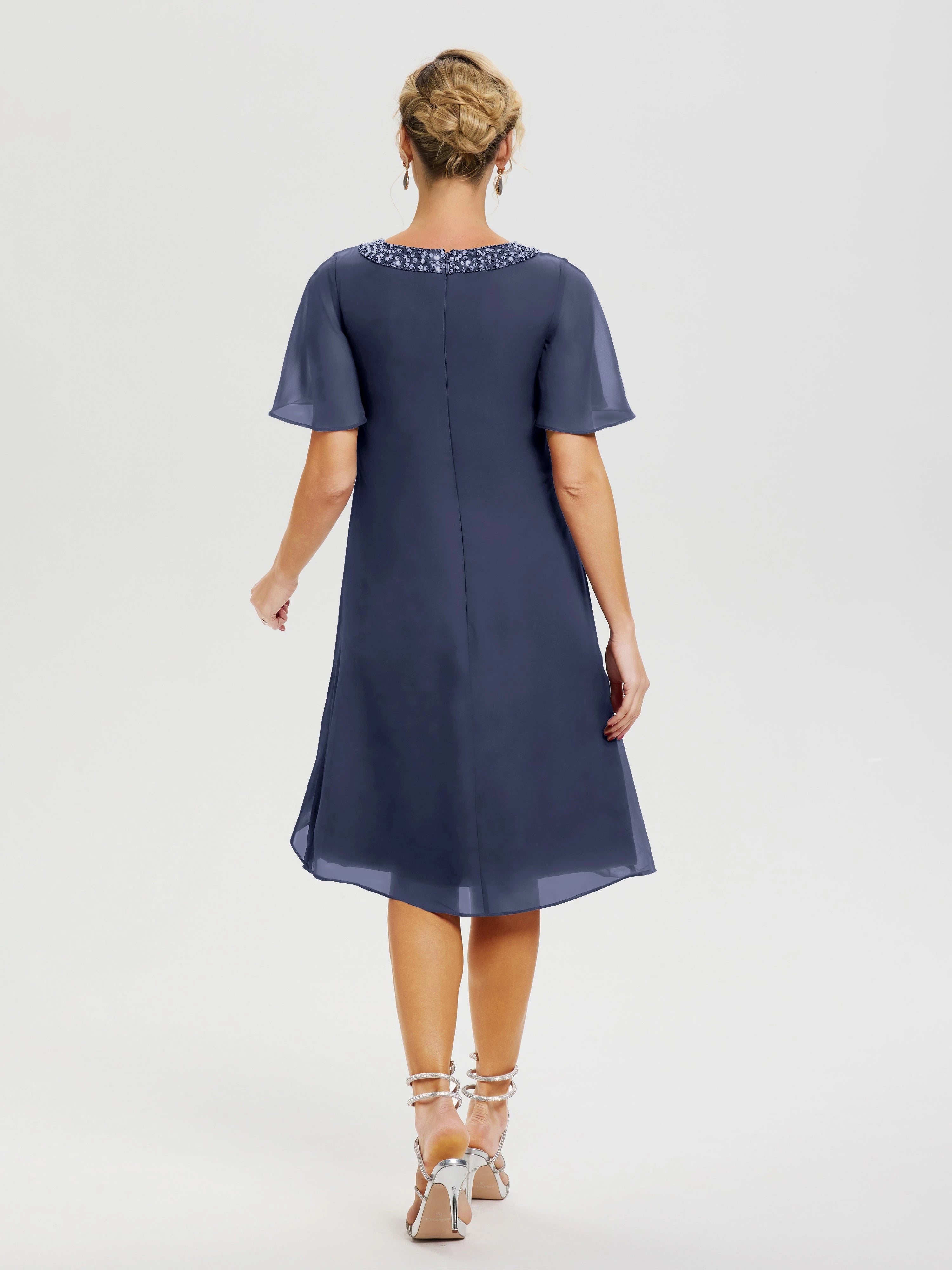 Elegant Shift Boat Neck Flutter Sleeve Beaded Back Midi Length Mother of the Bride Dress