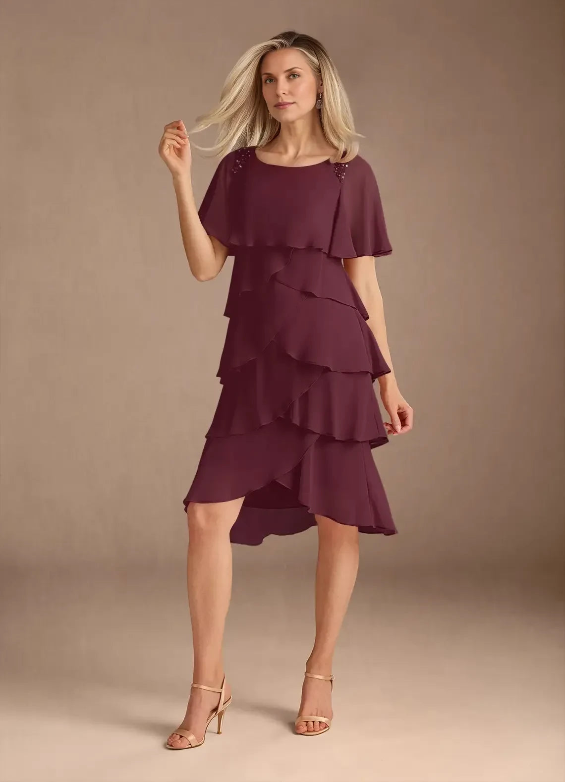 Elegant Tiered A Line Boat Neck Short Sleeve Zipper Back Knee Length Mother of the Bride Dress