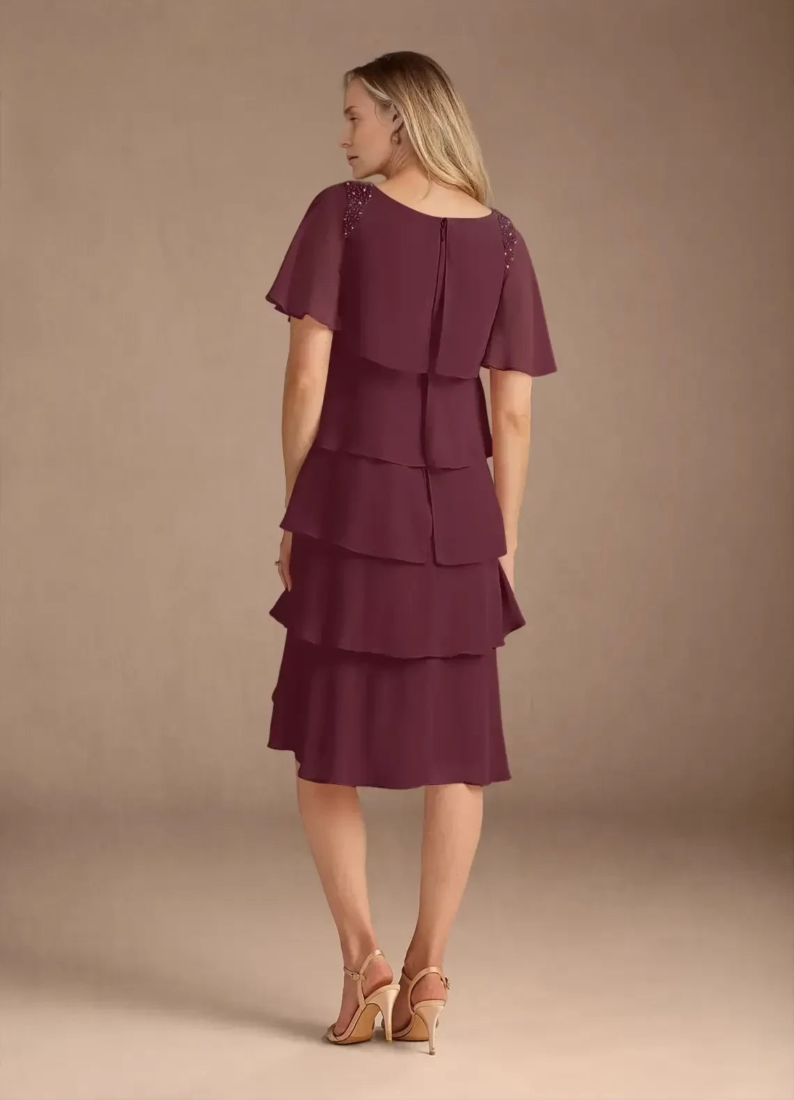 Elegant Tiered A Line Boat Neck Short Sleeve Zipper Back Knee Length Mother of the Bride Dress