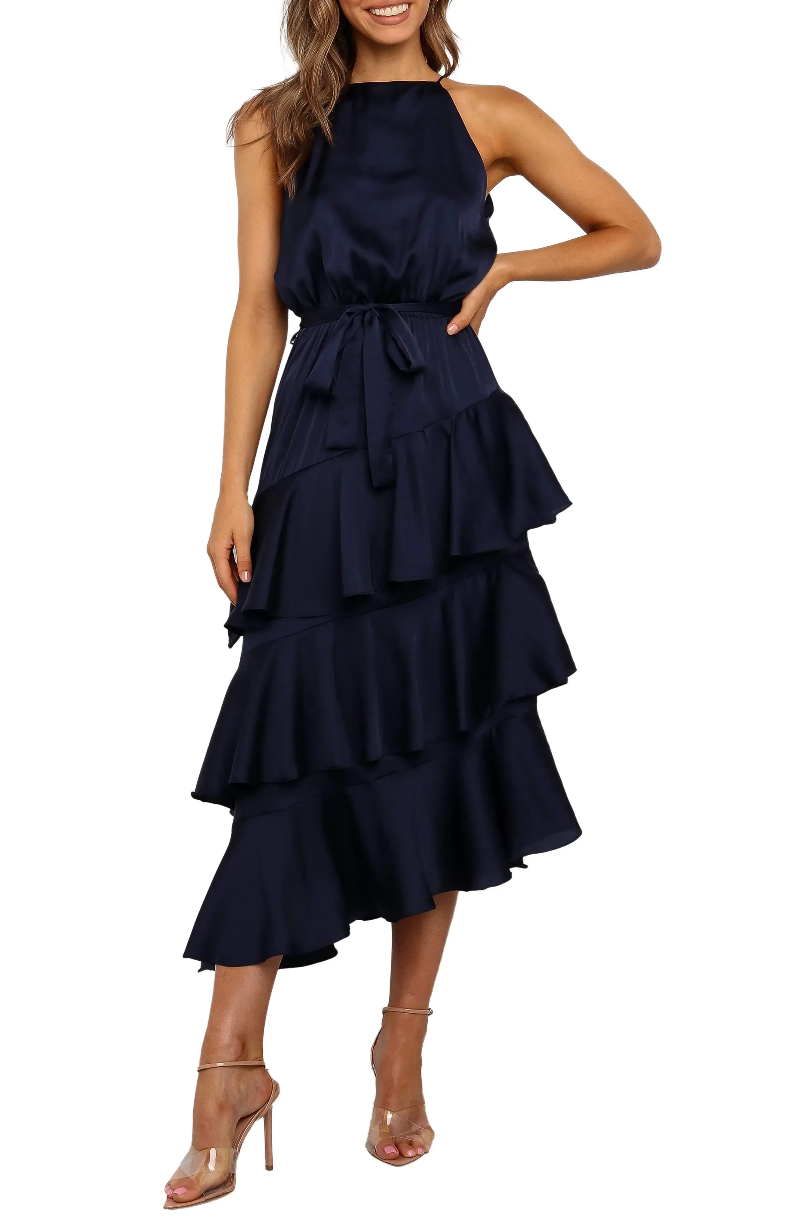 Elegant Tiered Halter Neck Sleeveless Solid Back Midi Evening Dress