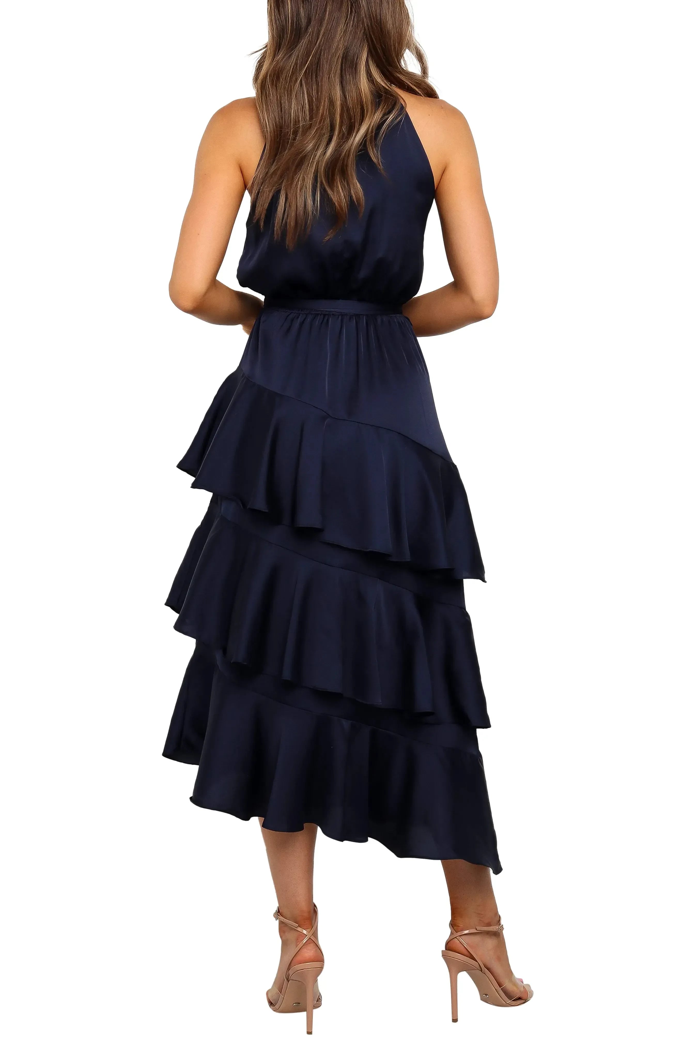 Elegant Tiered Halter Neck Sleeveless Solid Back Midi Evening Dress