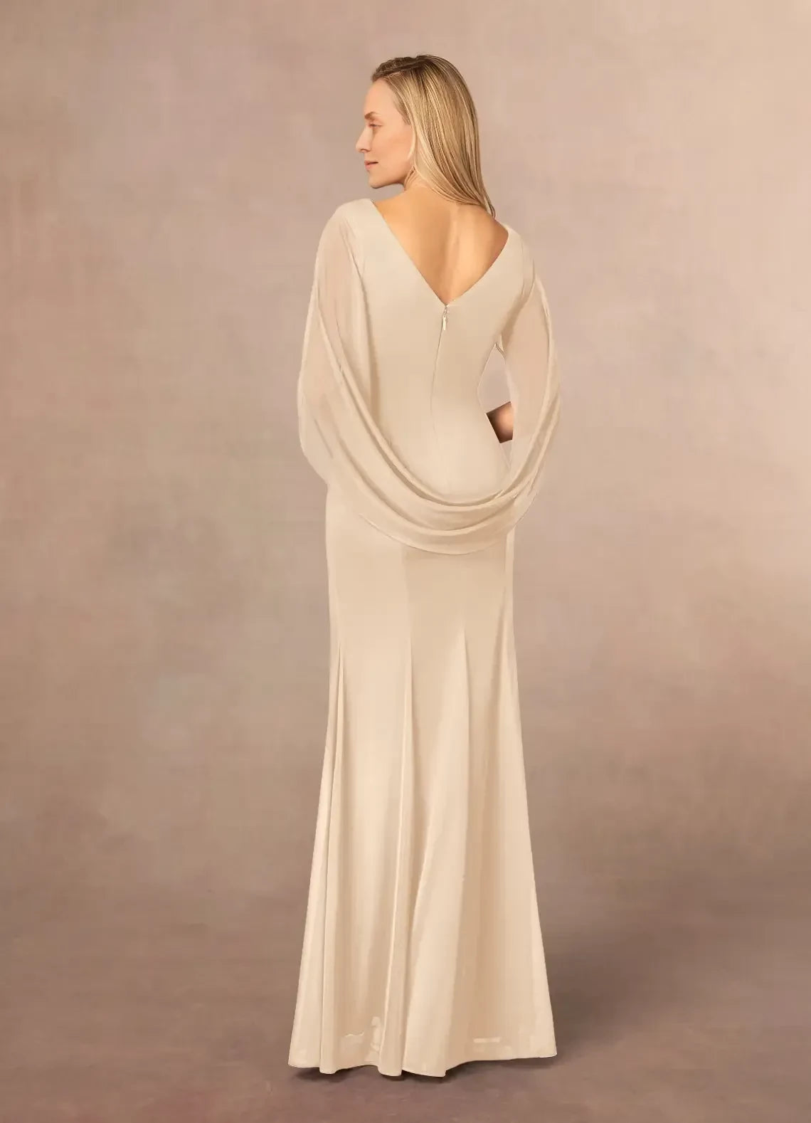 Elegant Trumpet Boat Neck Cape Sleeve Zip Back Floor Length Mother of the Bride Dress