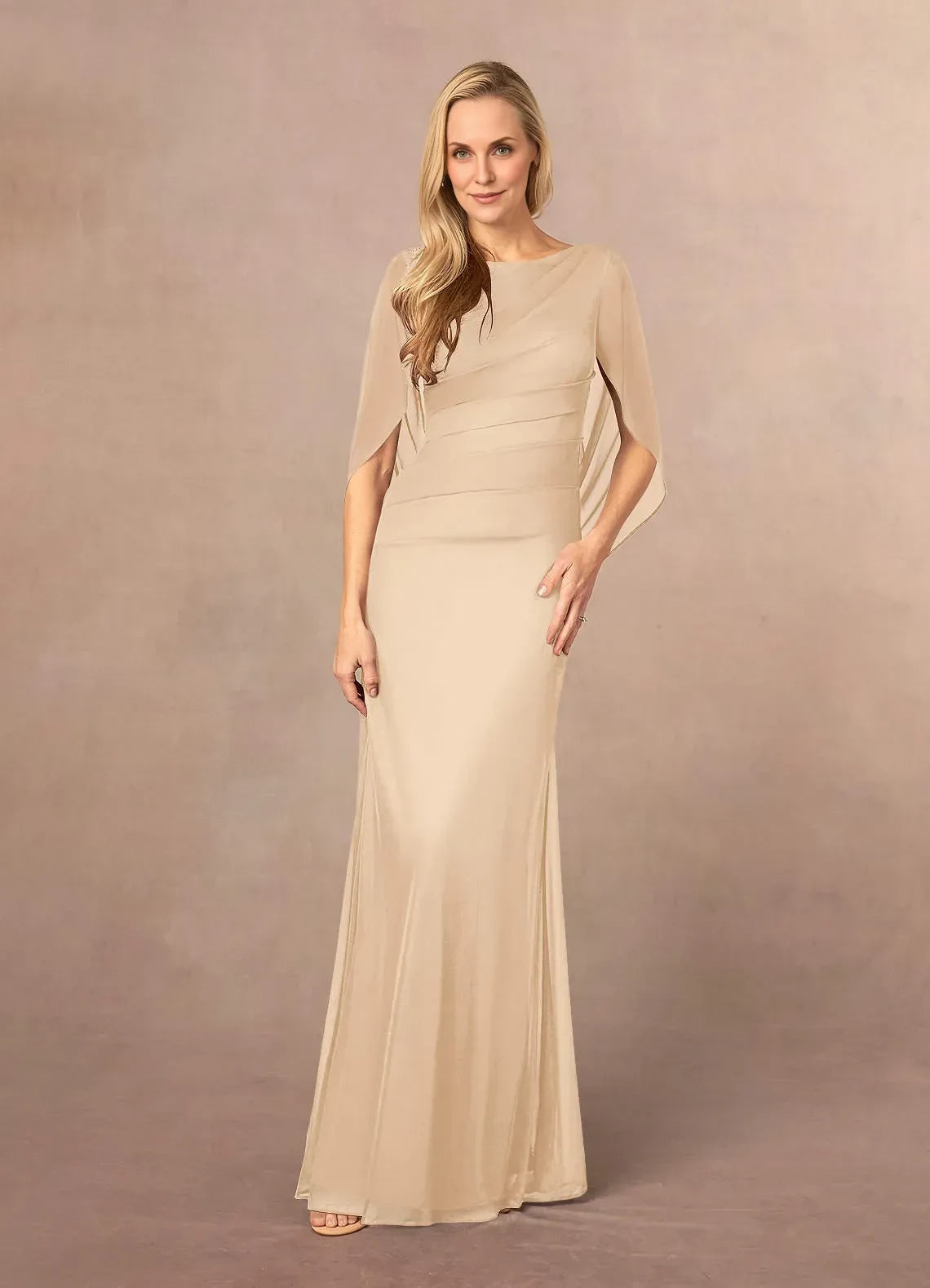 Elegant Trumpet Boat Neck Cape Sleeve Zip Back Floor Length Mother of the Bride Dress
