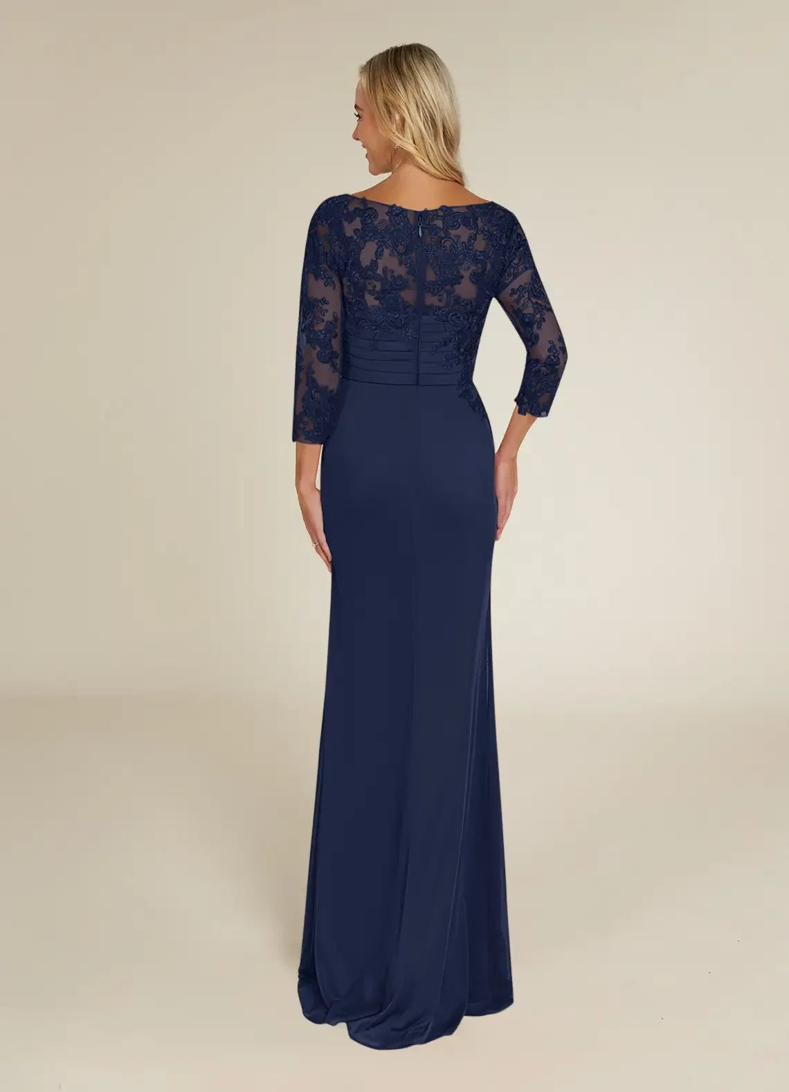 Elegant Trumpet Boat Neck Three Quarter Lace Sleeve Zip Back Floor Length Mother of the Bride Dress