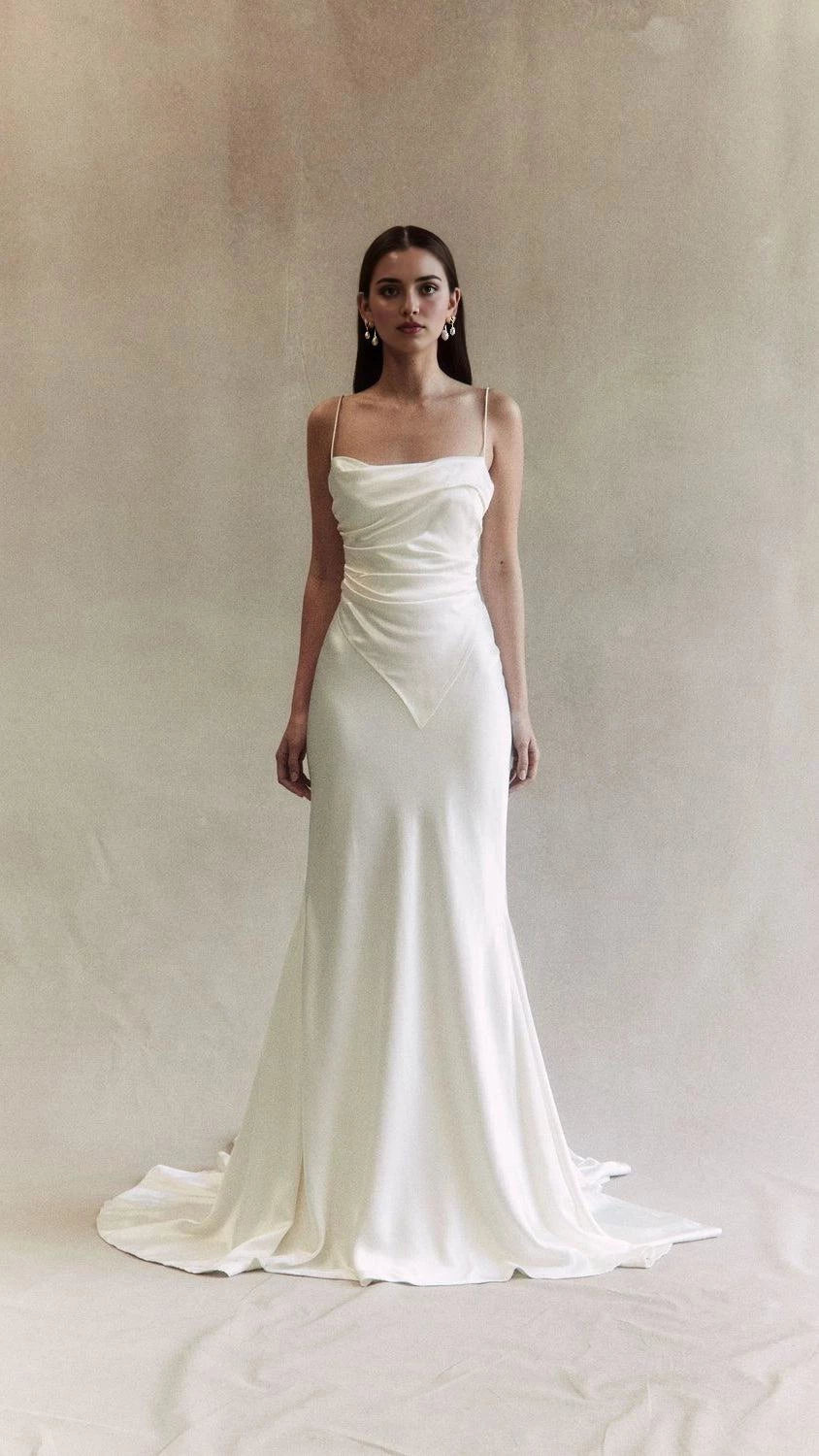 Elegant Trumpet Cowl Neck Spaghetti Strap Open Back Floor Length Wedding Dress